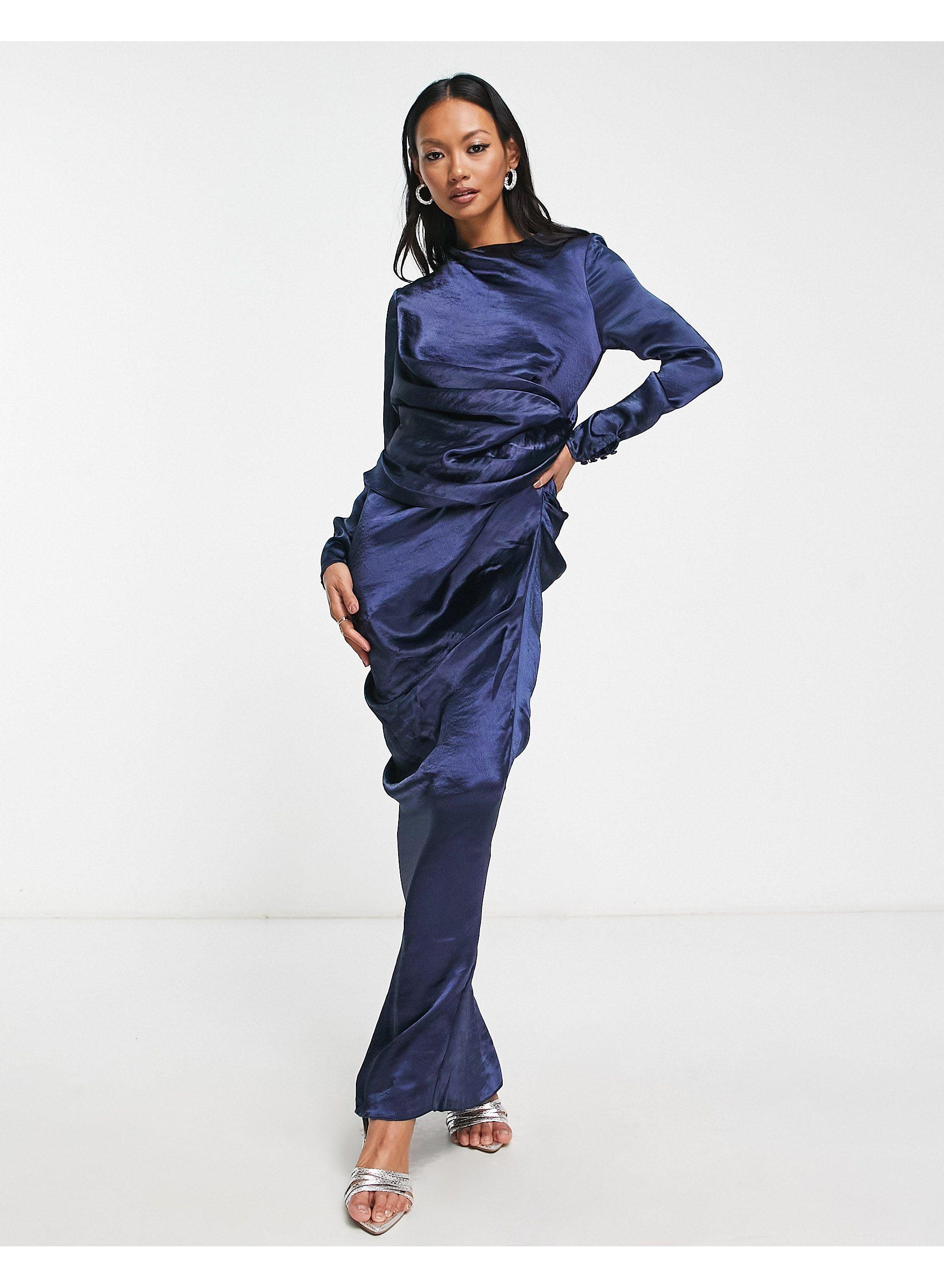 ASOS Satin High Drape Neck Maxi With Long Sleeves in Blue