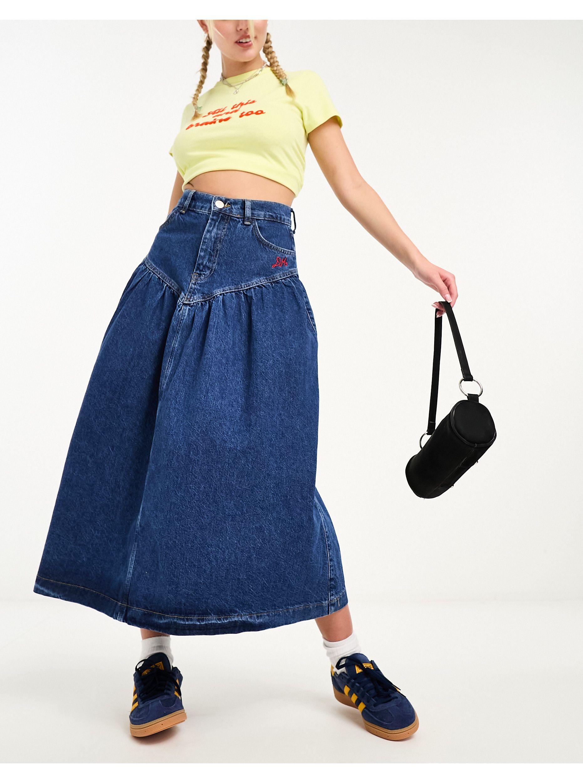 Damson Madder Fin Tiered Denim Midi Skirt in Blue Lyst UK