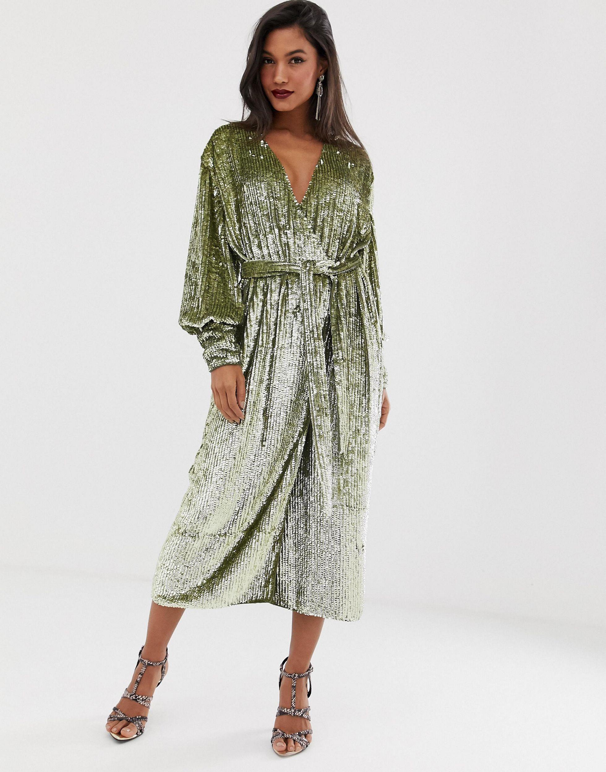 sequin wrap midi dress