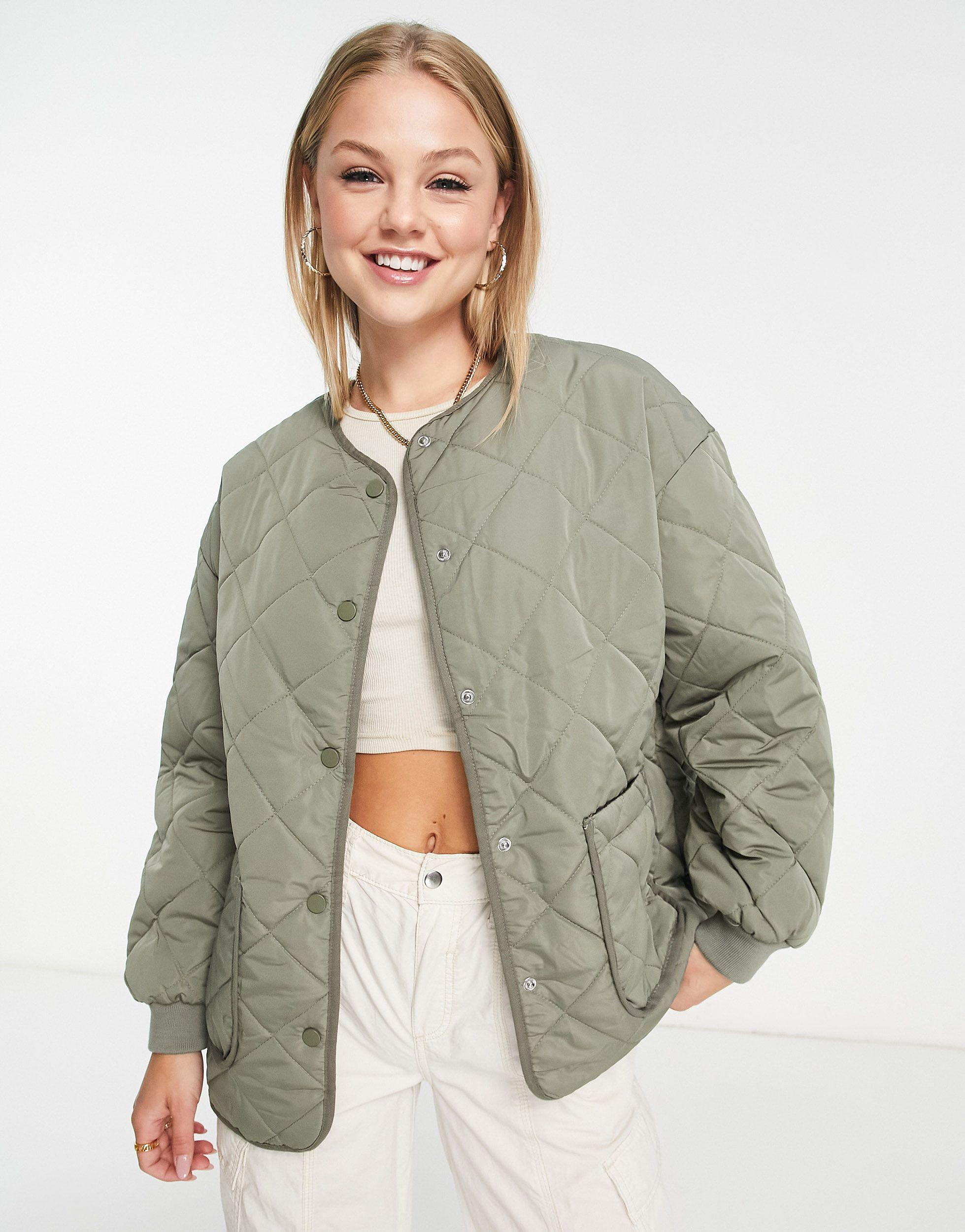 New Look Quilted Collarless Jacket in Green | Lyst