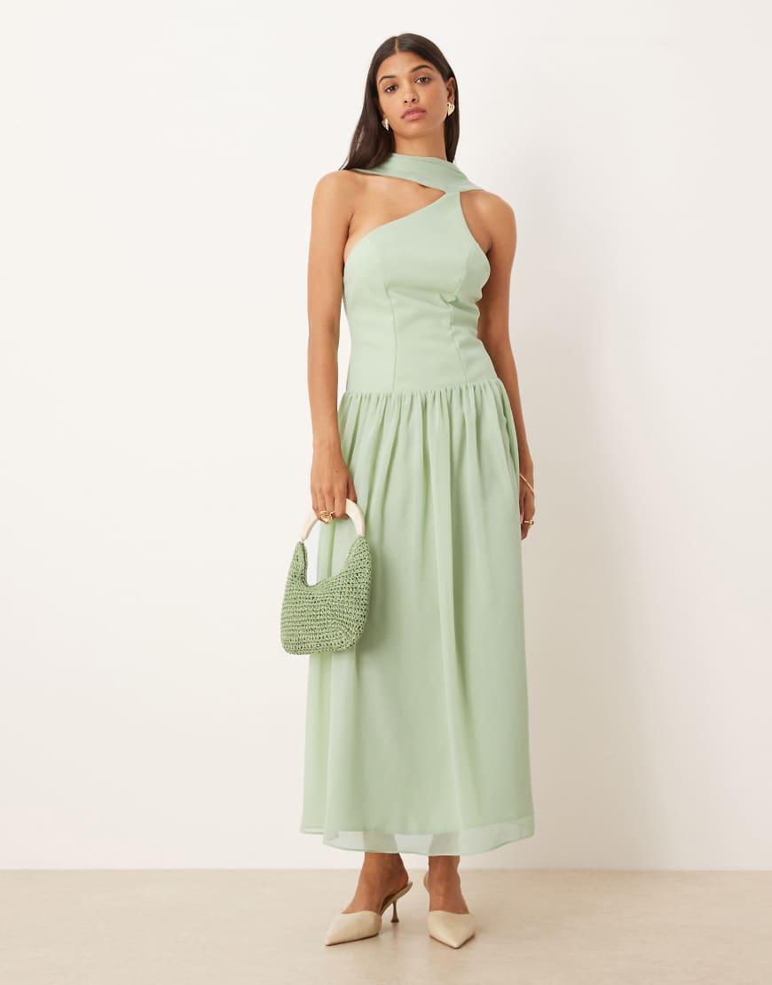 ASOS Scarf Tie Back Drop Waist Midi Dress in Green | Lyst UK