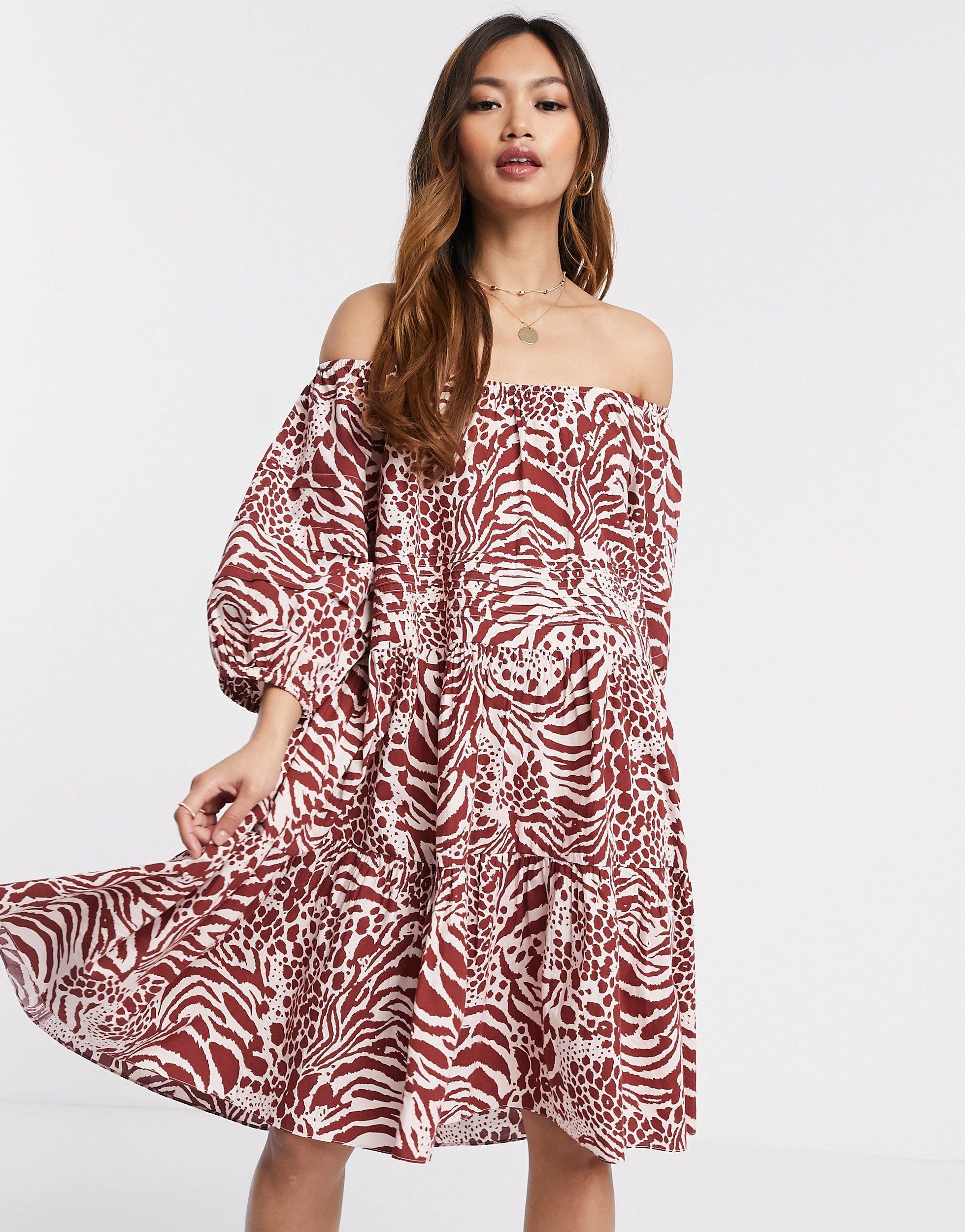 Mango Poplin Animal Print Off The Shoulder Smock Dress - Lyst