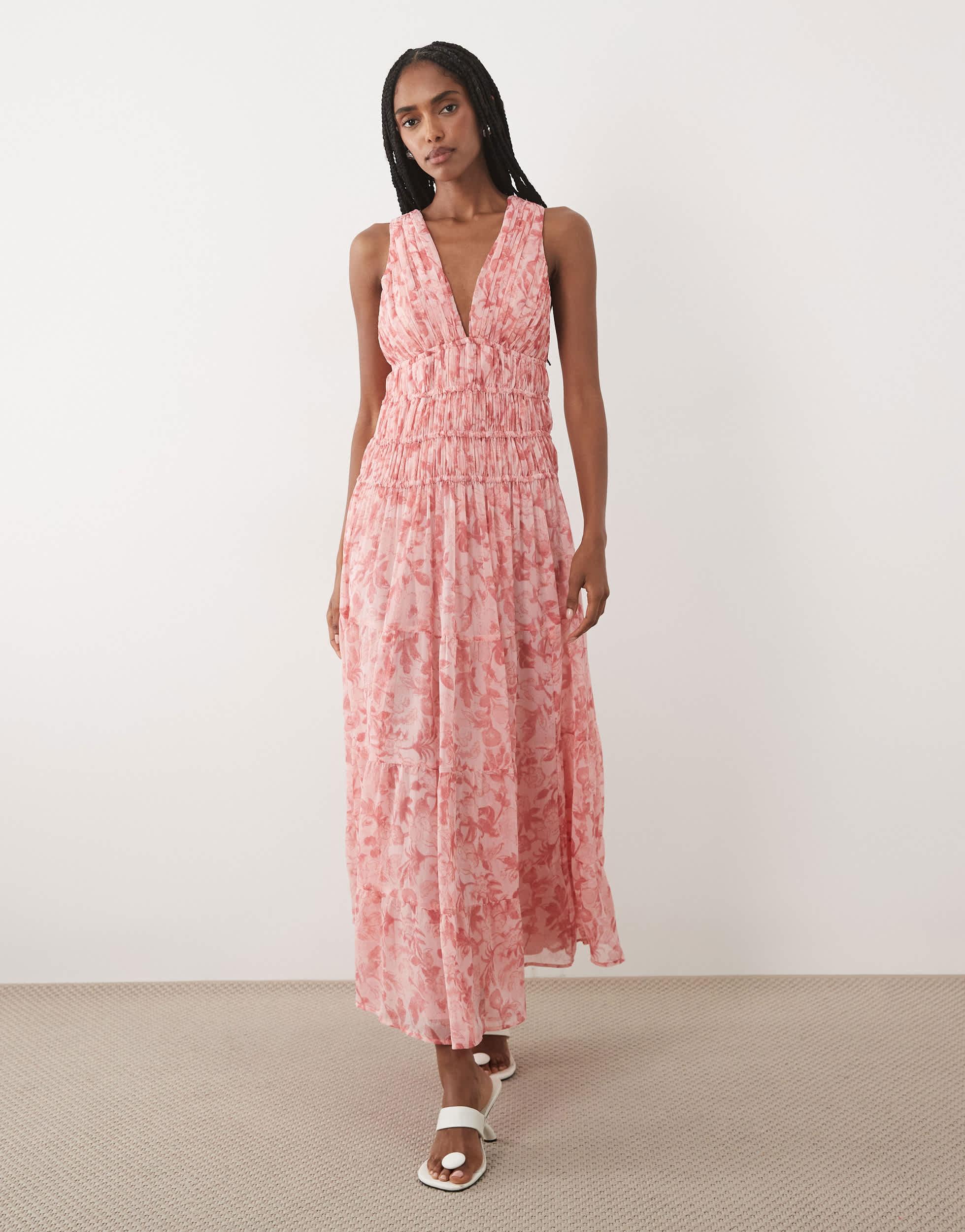 abercrombie chiffon dress Abercrombie & Fitch tiered midaxi dress with multiway neckline in pink