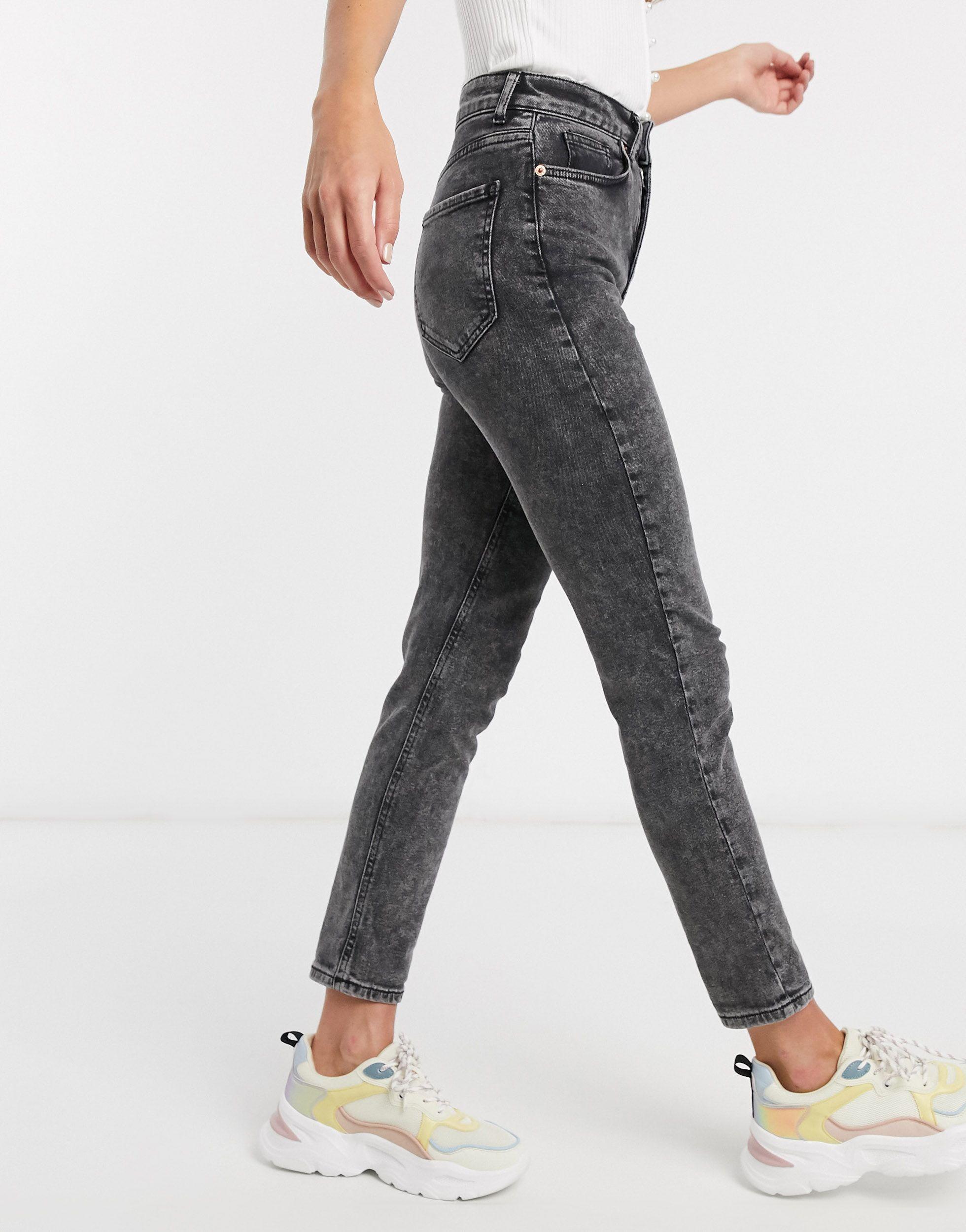 Denim Acid Wash Mom Jeans in Dark Grey 