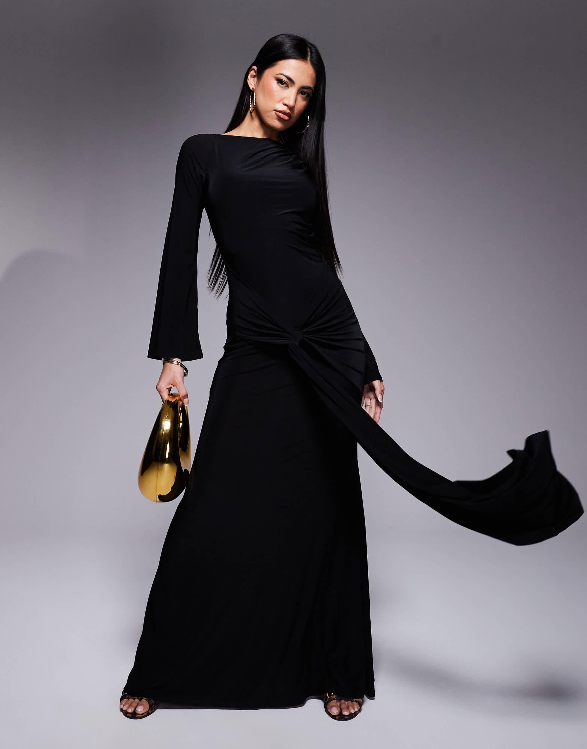 ASOS Long Sleeve Asymmetric Neckline Maxi Dress With Front Tie