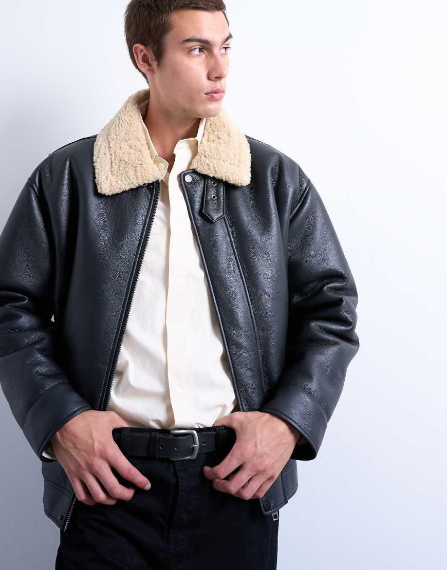 TOPMAN Faux Leather Bomber Jacket With Shearling Collar in Blue