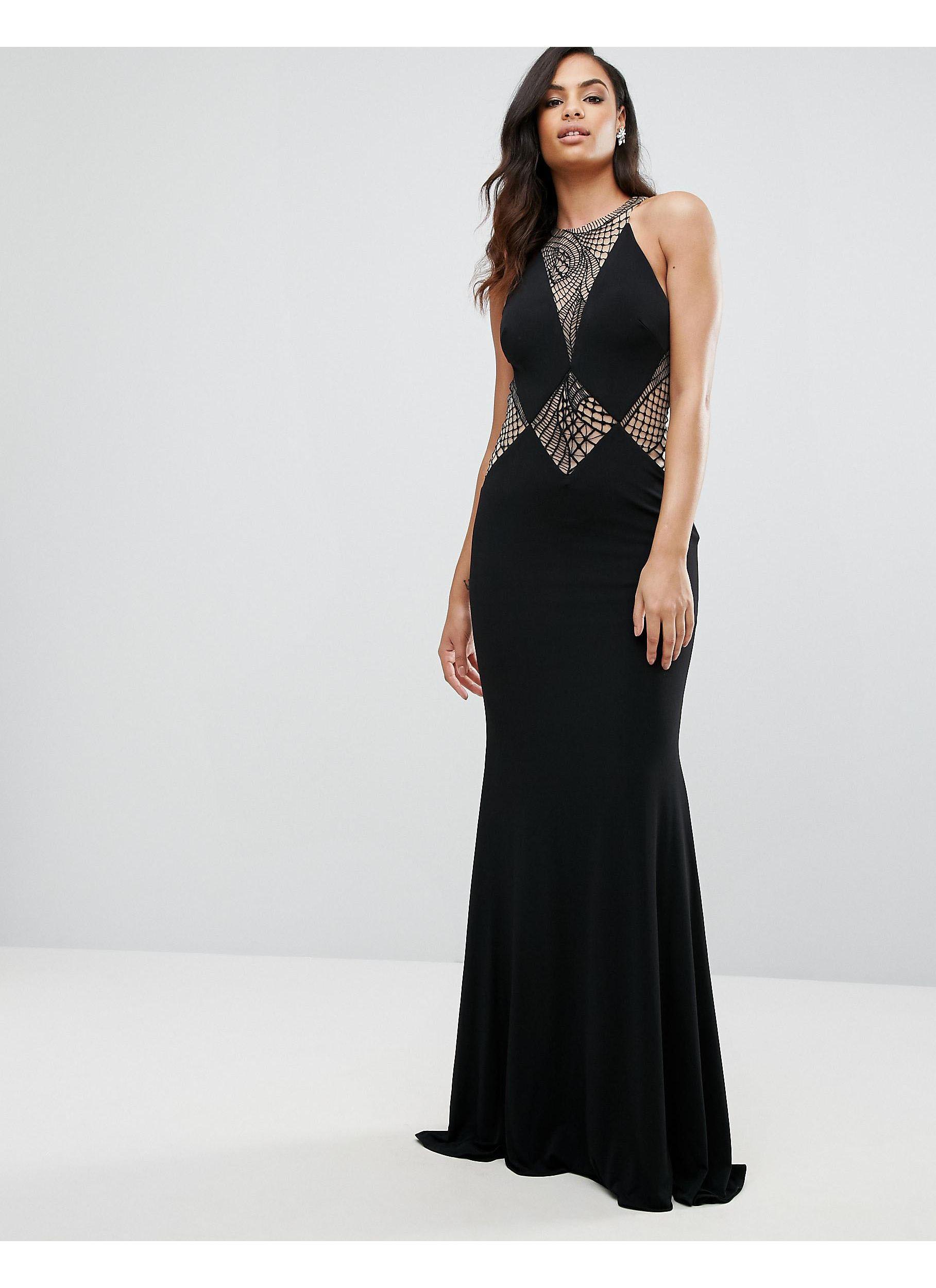 Jovani Fishtail Maxi Dress With Cut Out Lace Detail in Black | Lyst