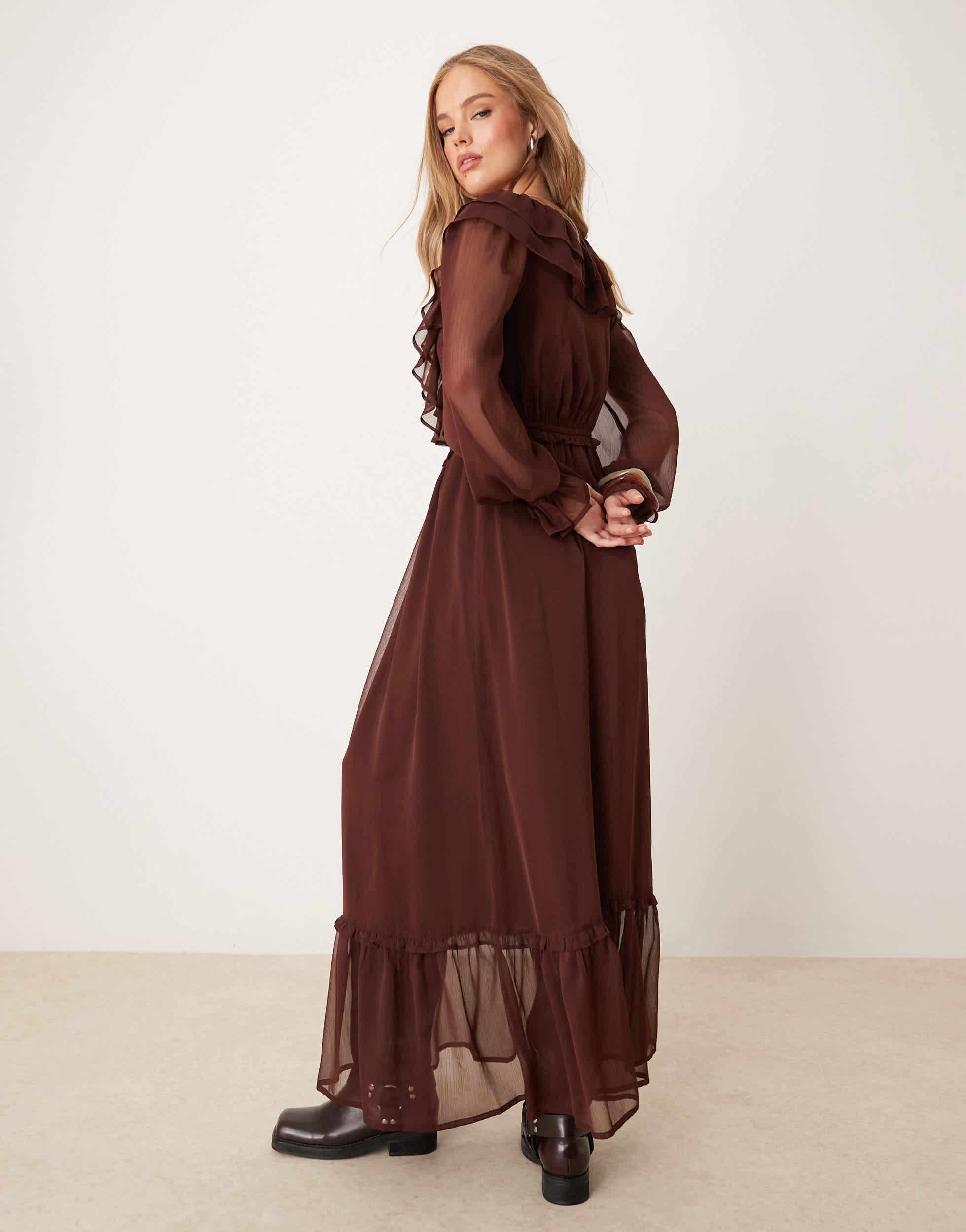 brown ruffle dress long sleeve Brown Embellished Long Sleeve Trapeze Dress with Ruffle Hem main image 0