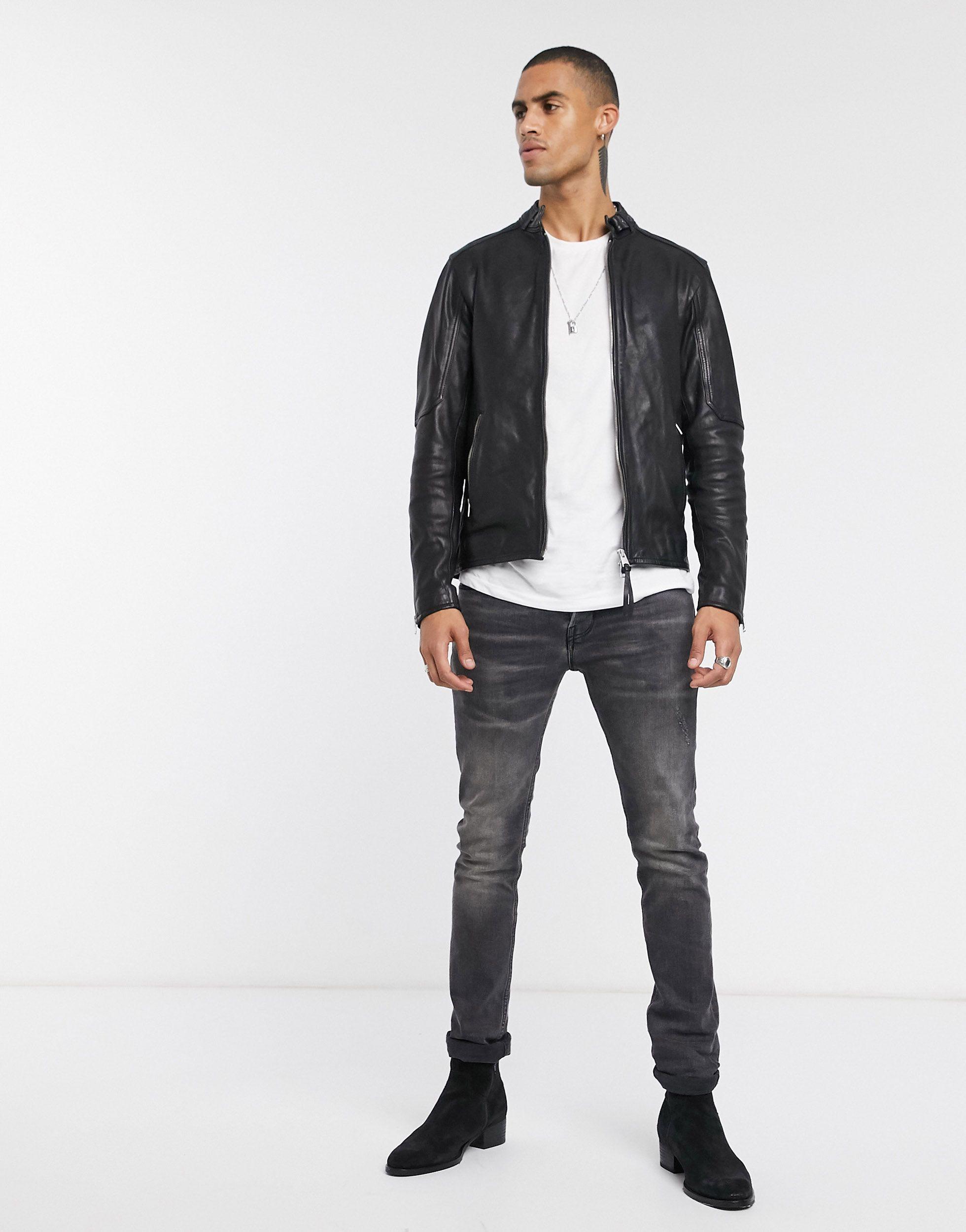 AllSaints Cora Slim Fit Zip Through Leather Jacket in Black for 