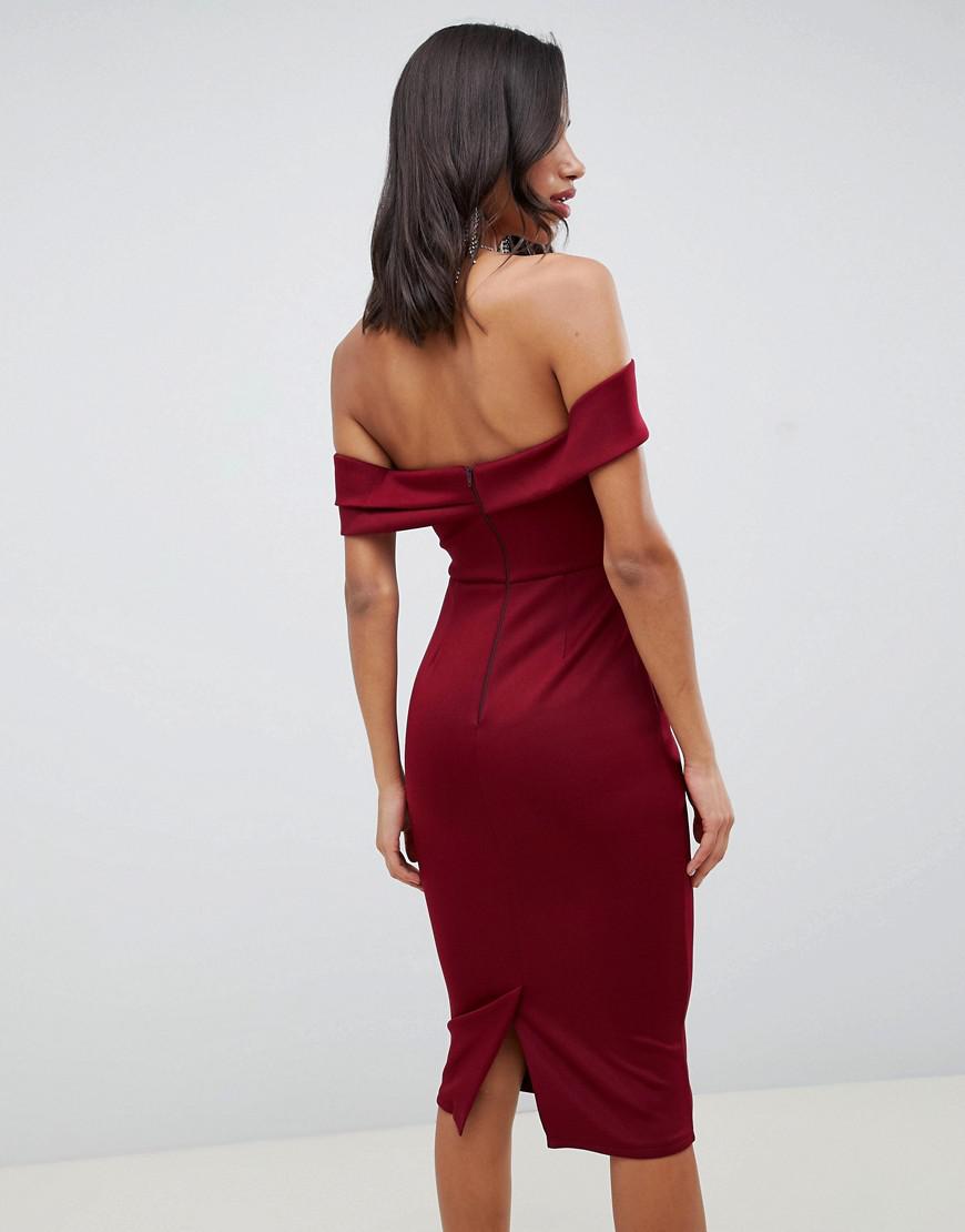 bardot fold wrap front midi pencil dress