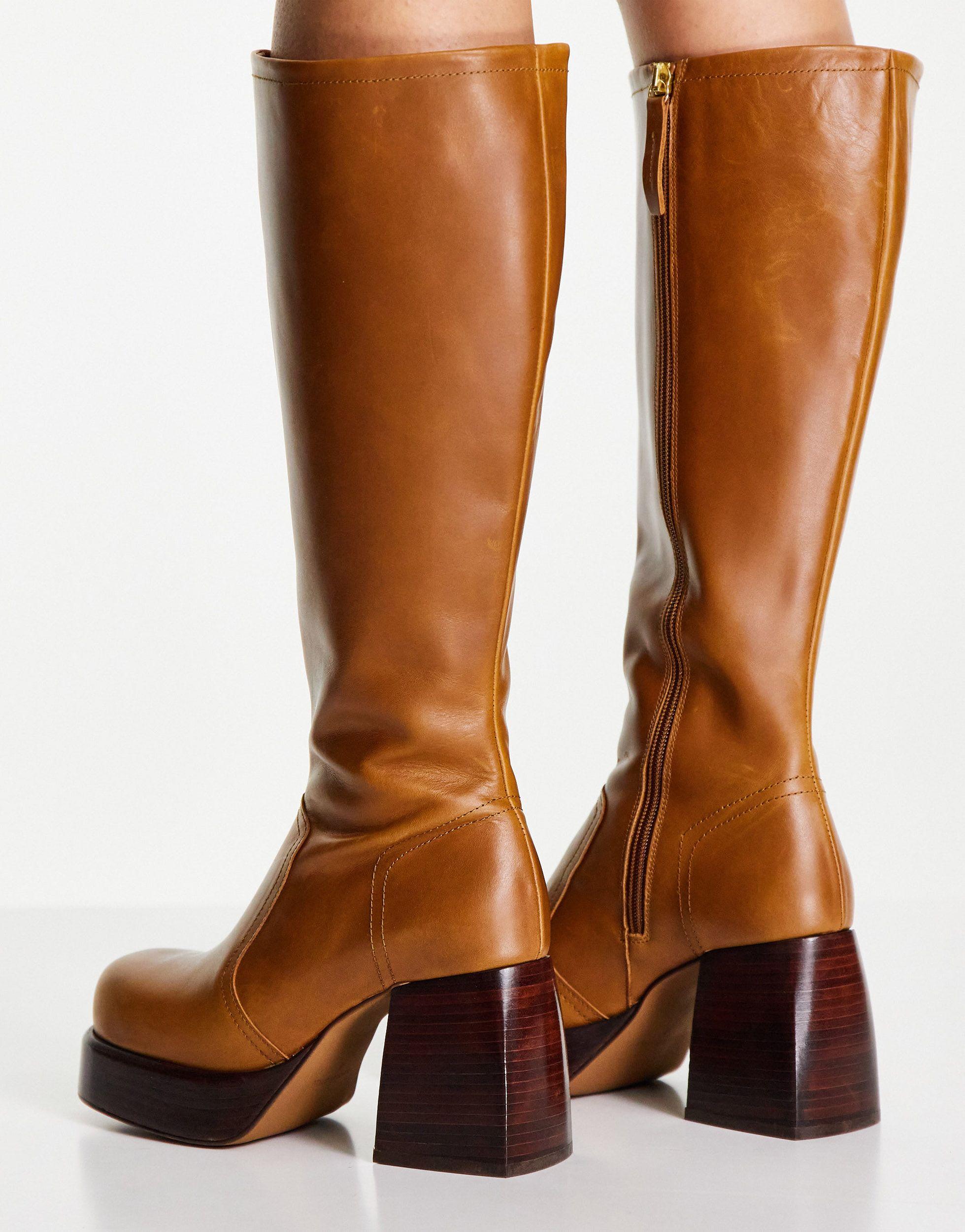 ASOS California Premium Leather Platform Knee Boots in Brown | Lyst