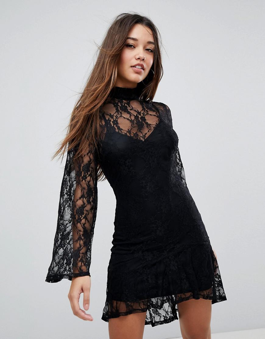 Lyst - Missguided High Neck Bell Sleeve Lace Dress in Black