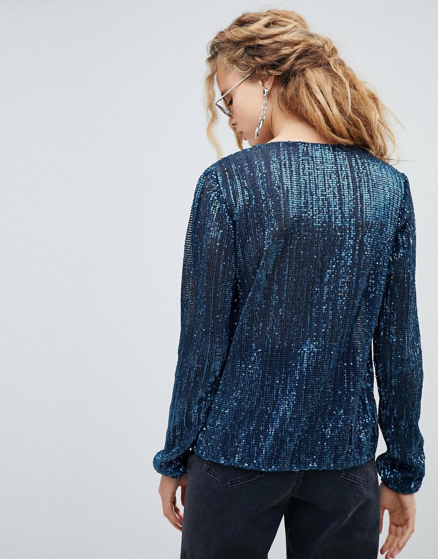 blue sequin long sleeve top