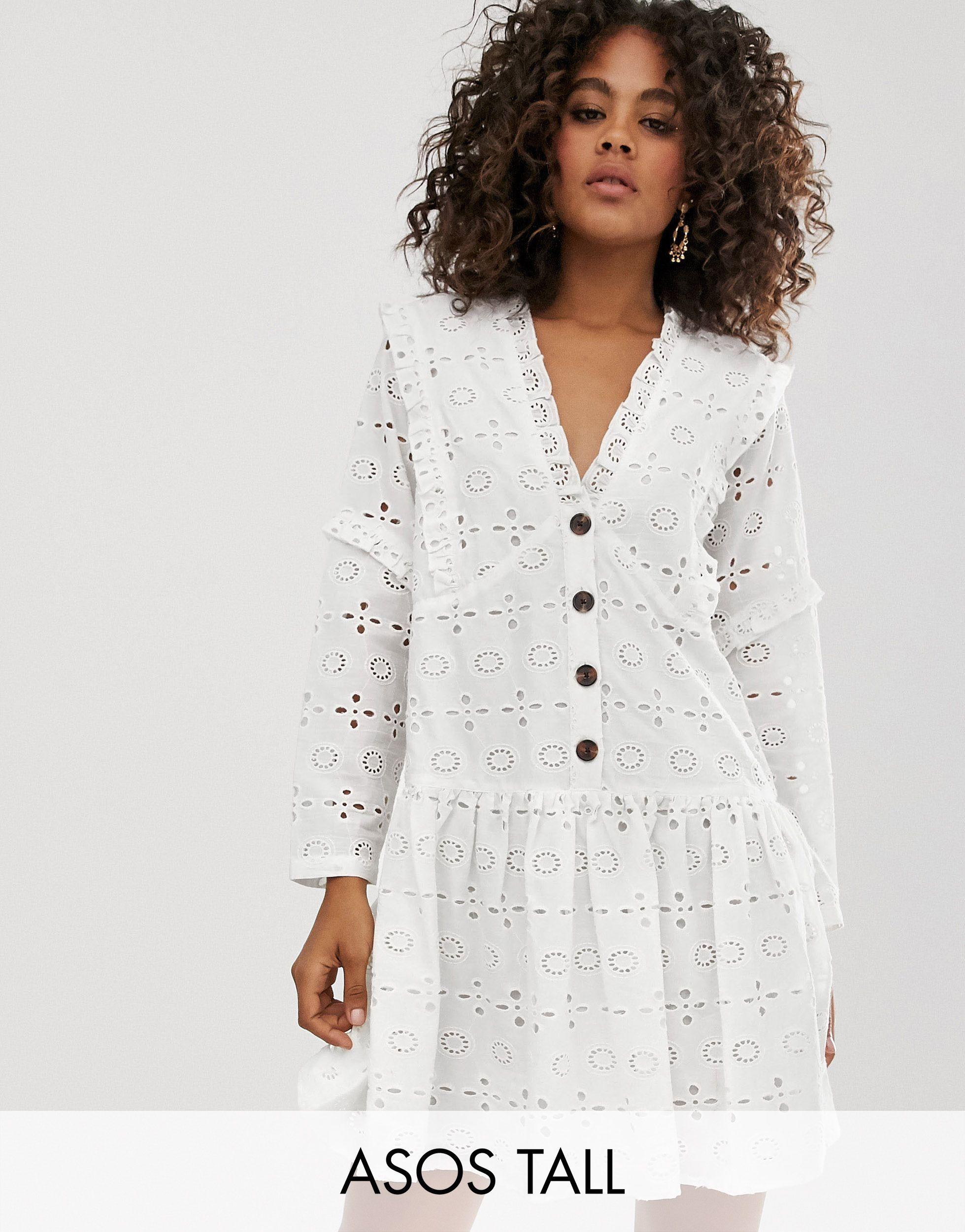 asos design button through tiered midi broderie dress