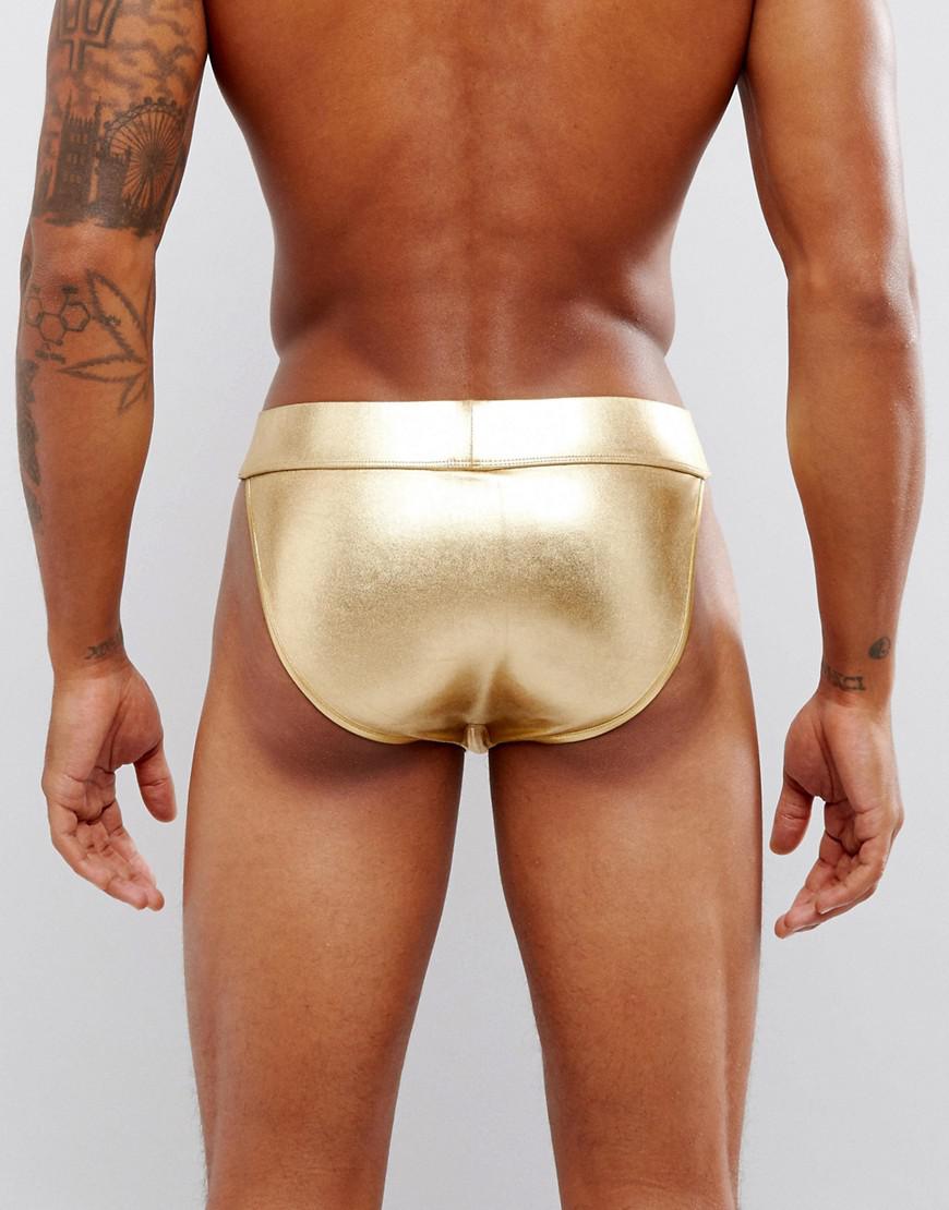 ASOS Synthetic Swim Tanga Brief In Metallic Gold for Men | Lyst