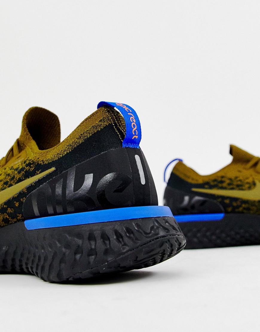 nike running epic react flyknit trainers in khaki nike running epic react flyknit trainers in khaki