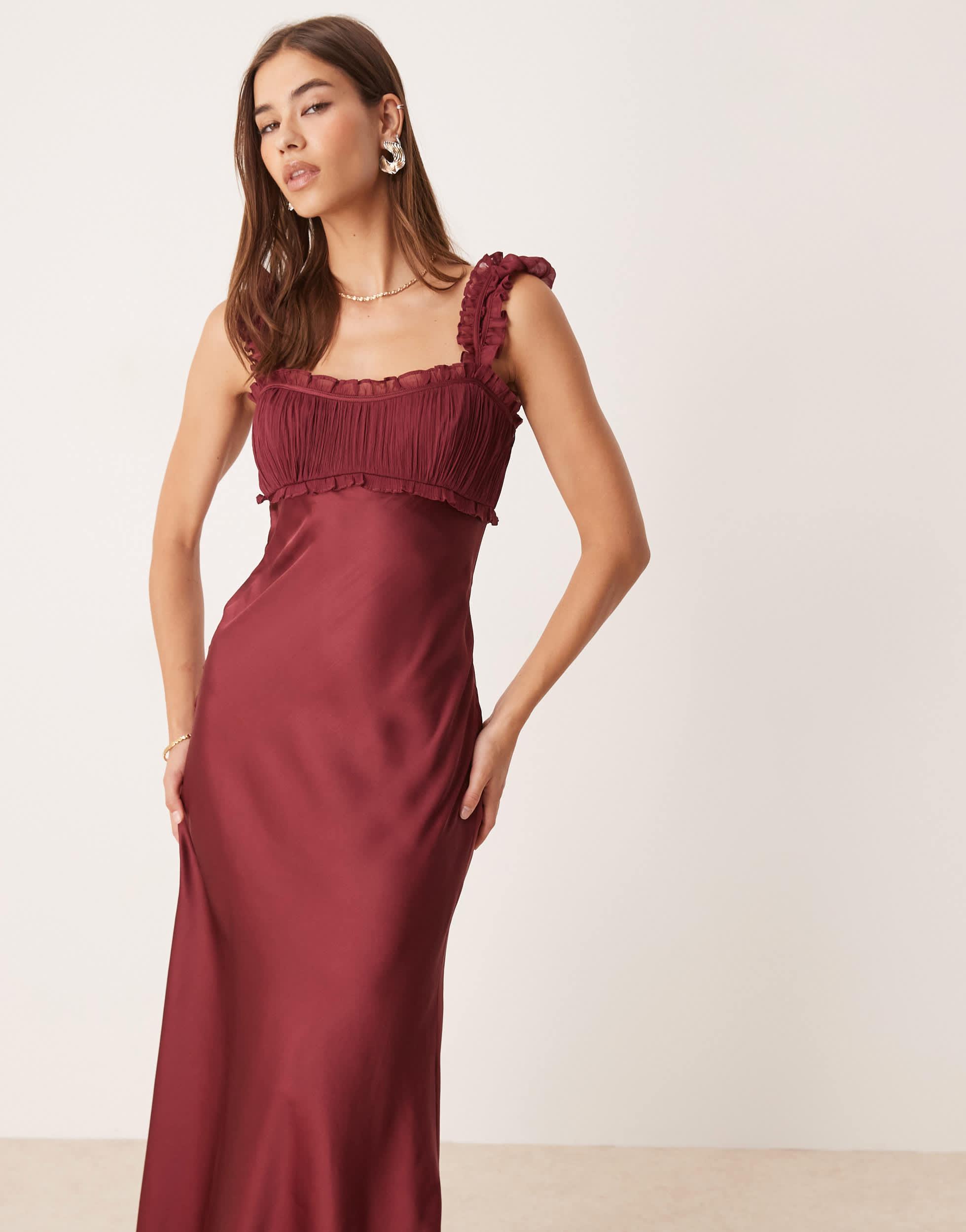 ASOS Ruched Bust Chiffon Midi Dress in Red | Lyst