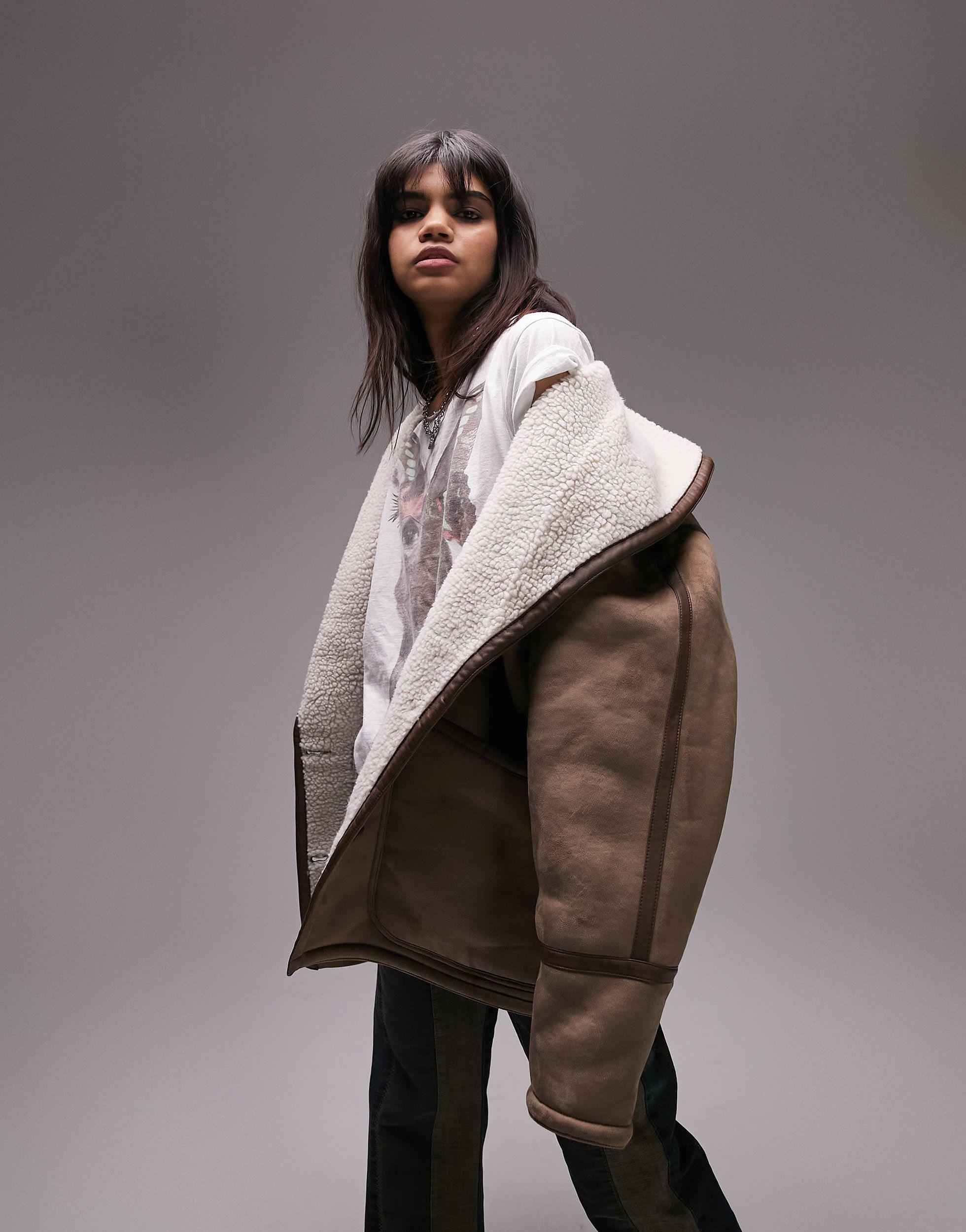 Oversized Faux Shearling Car Coat in Gray Lyst