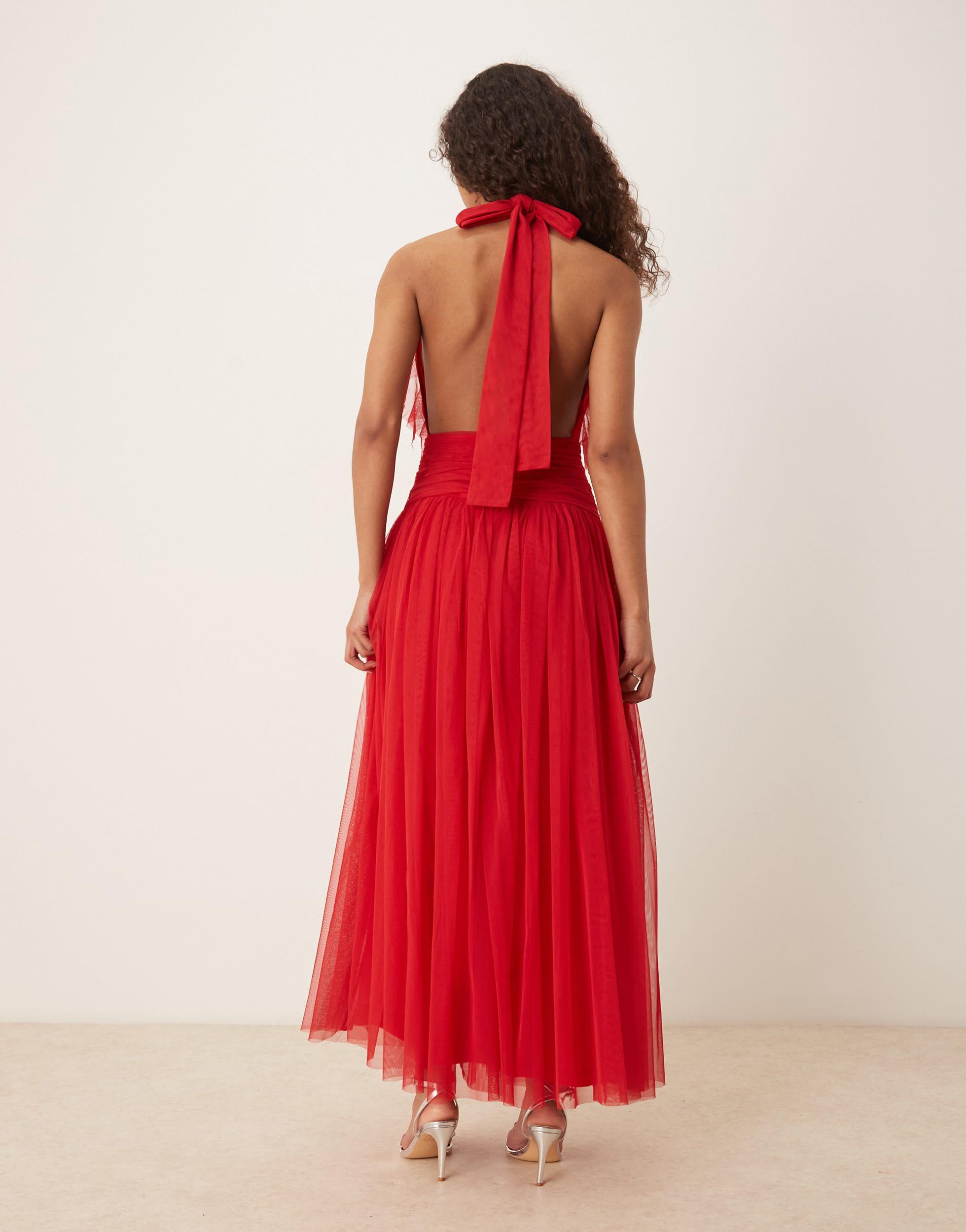 LACE & BEADS Waterfall Ruffle Maxi Dress in Red | Lyst