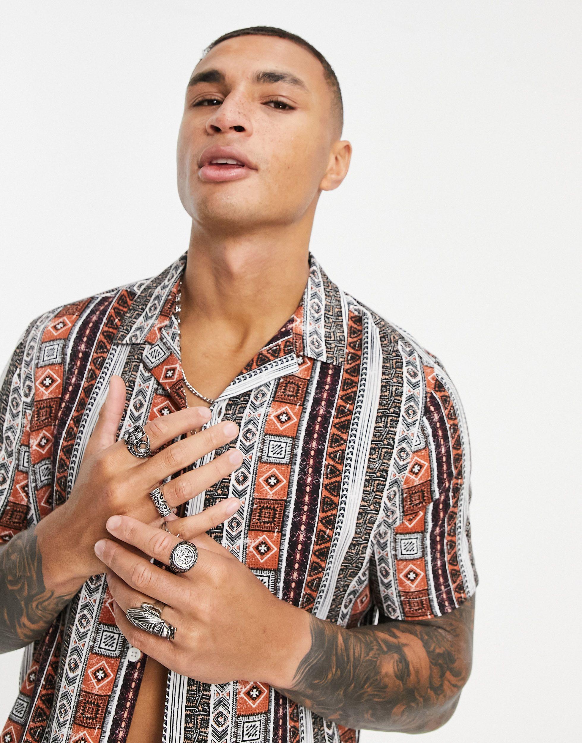 ASOS Regular Fit Overhemd Met Reverskraag En Azteken Patroon in het Oranje  voor heren | Lyst NL