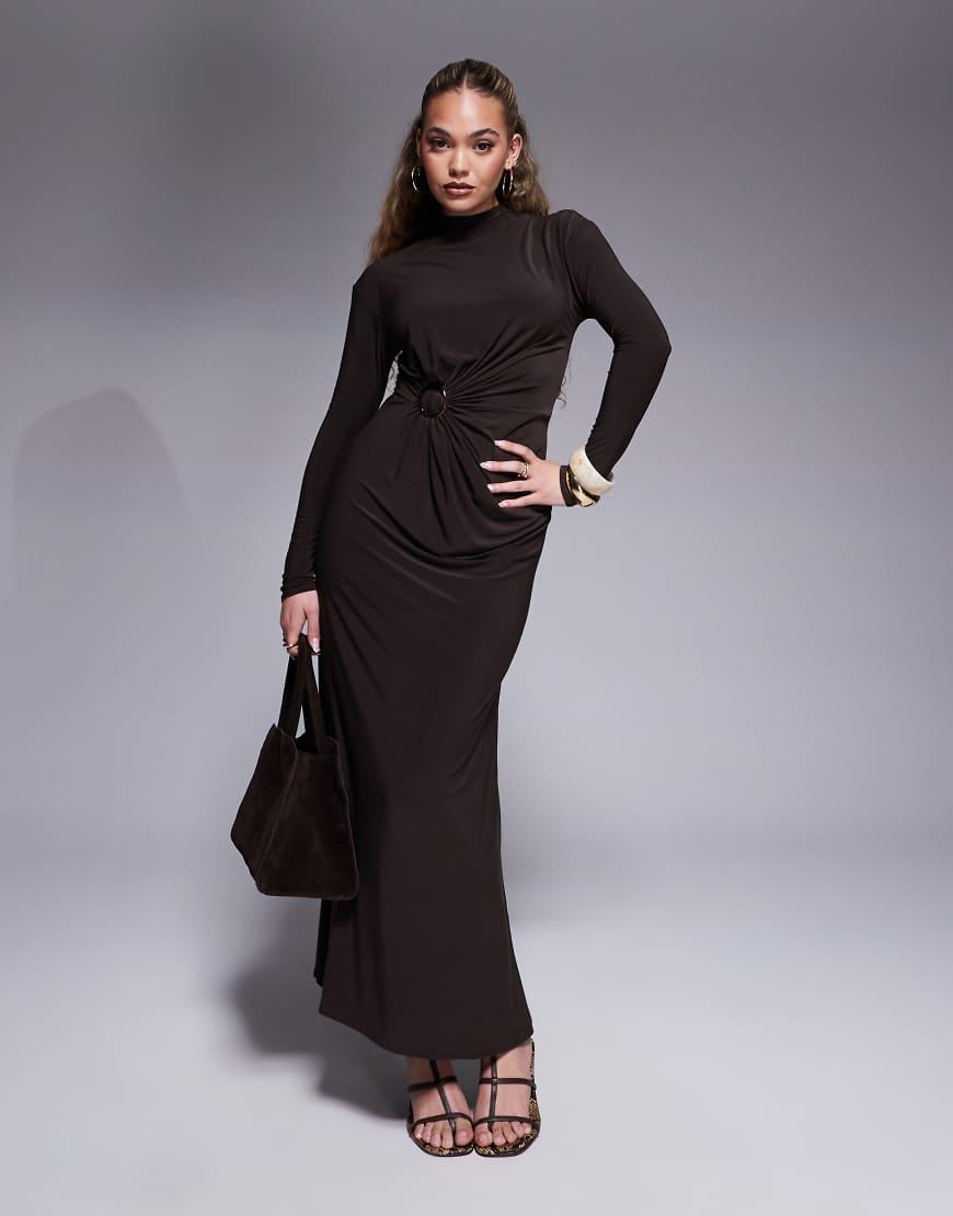 ASOS Modest Long Sleeve High Neck Drape Maxi Dress With Hardware Trim in  Brown | Lyst UK