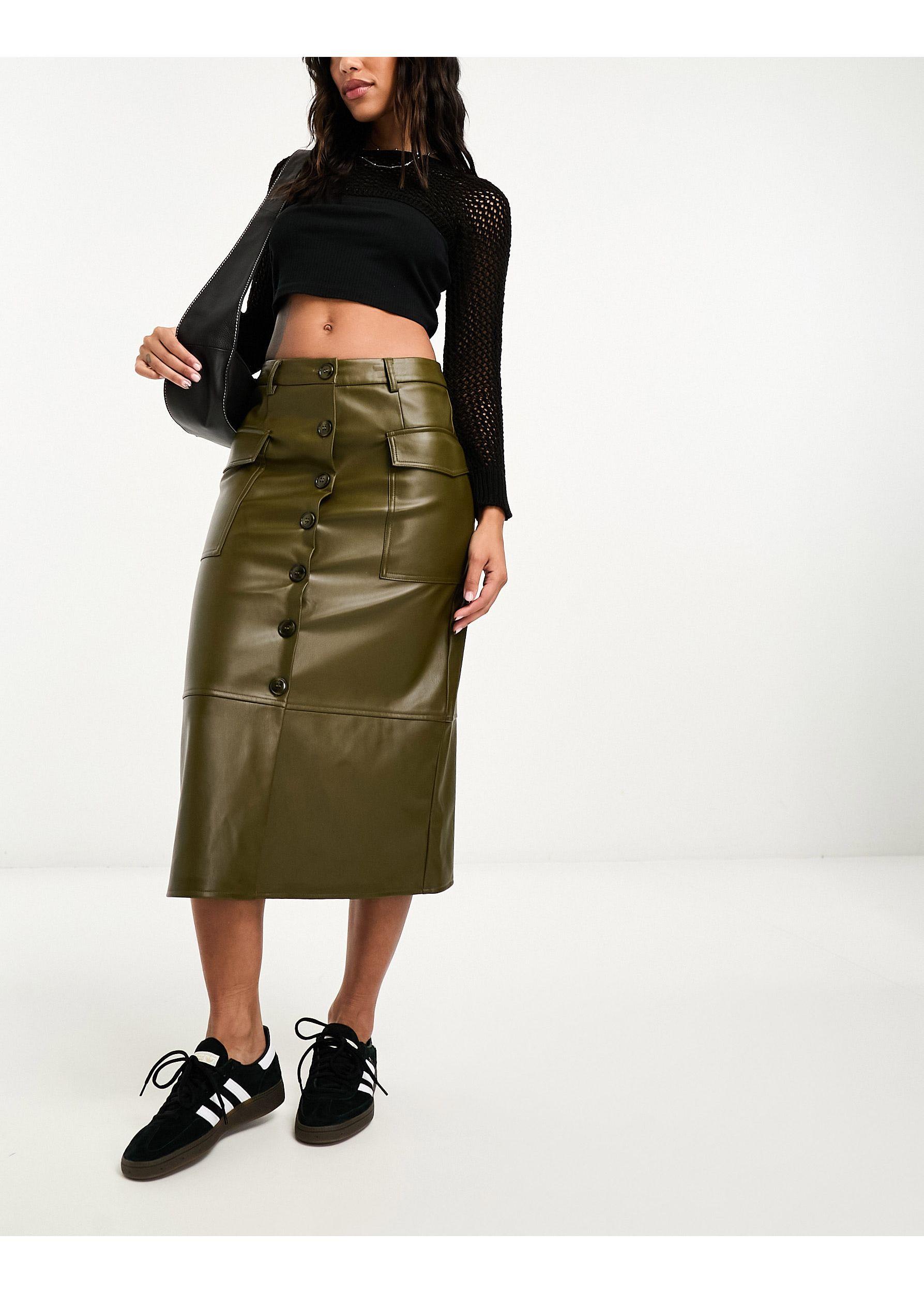 ONLY Faux Leather Button Down Cargo Midi Skirt in Green | Lyst UK