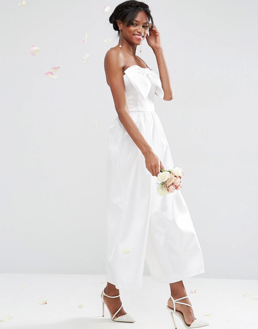 ASOS Bridal Jumpsuit In Bonded Satin With Bow Detail in White