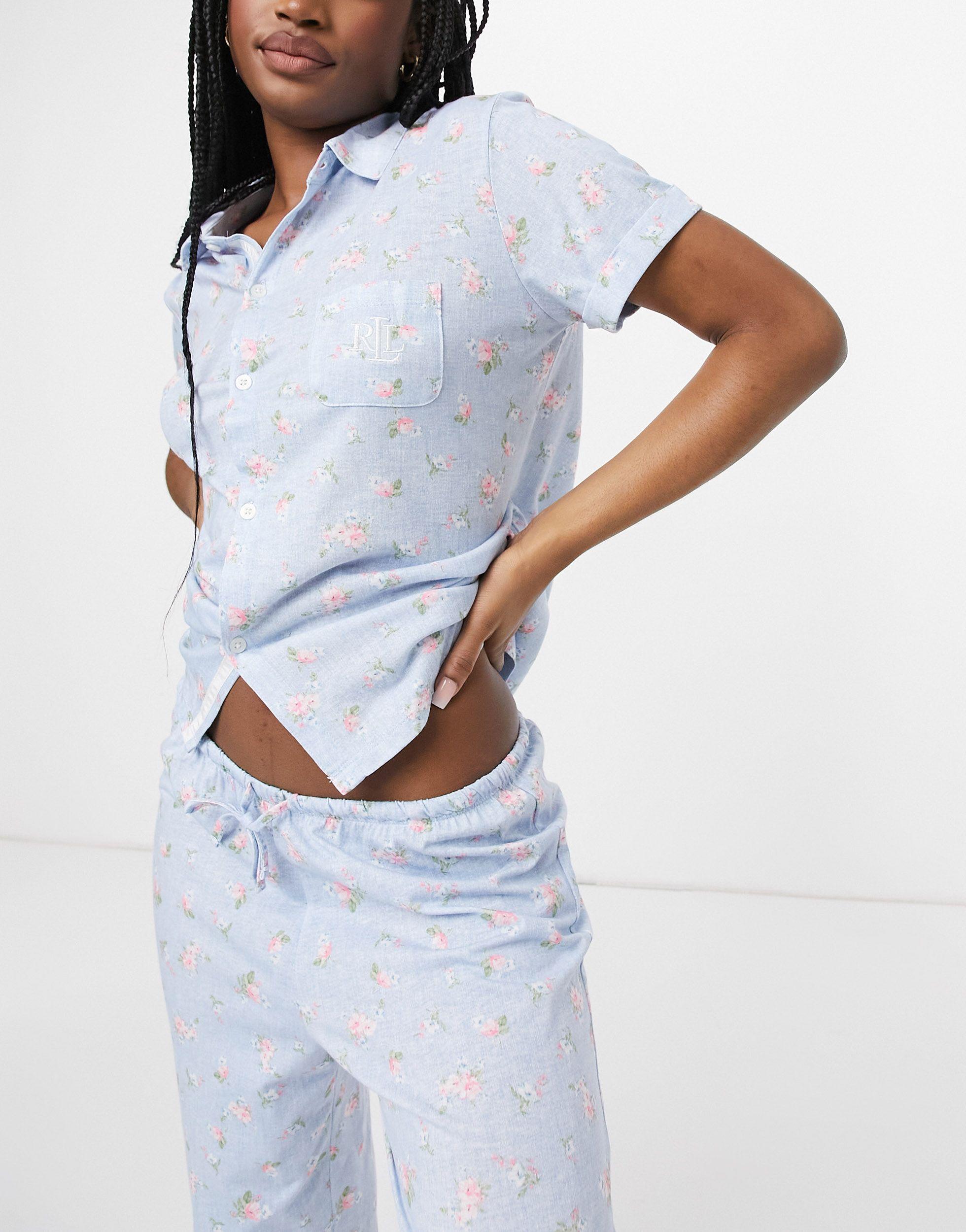 Lauren By Ralph Lauren Knit Button Through Capri Pyjama Set In Blue Lyst