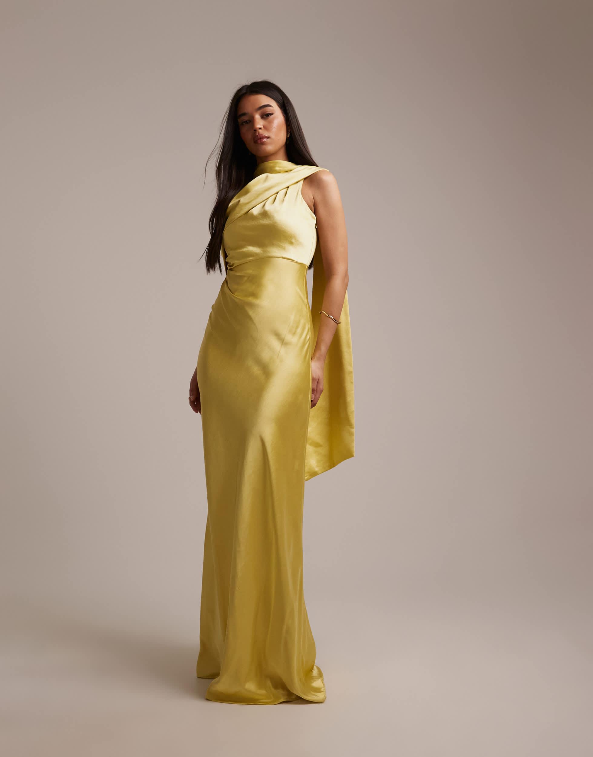 Six Stories Bridesmaids Satin Drape One Shoulder Maxi Dress in Yellow | Lyst