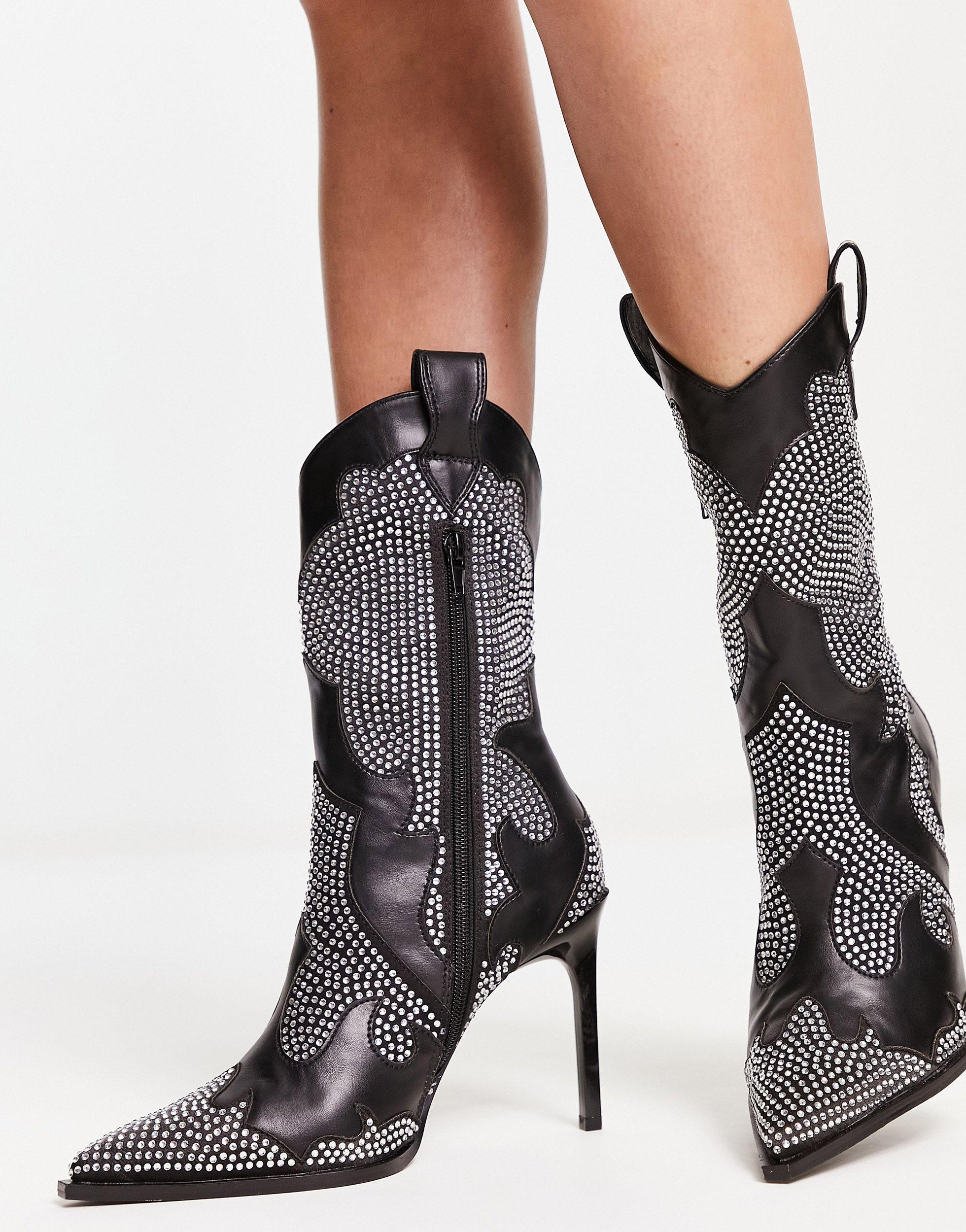 ASOS Edit Heeled Western Boots With Rhinestones in Black | Lyst