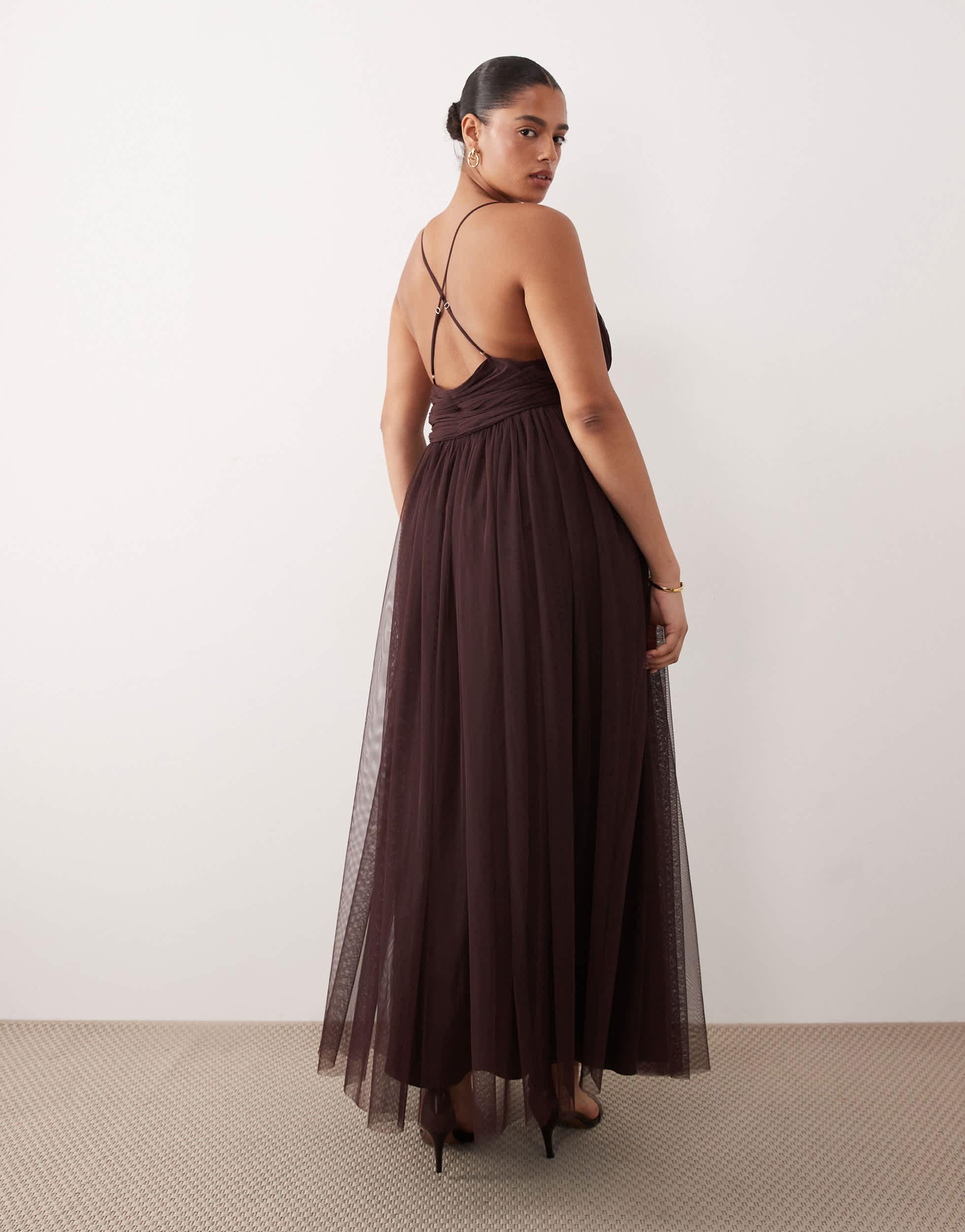 Lace & Beads Plus Removable Sleeve Tulle Maxi Dress in Brown | Lyst