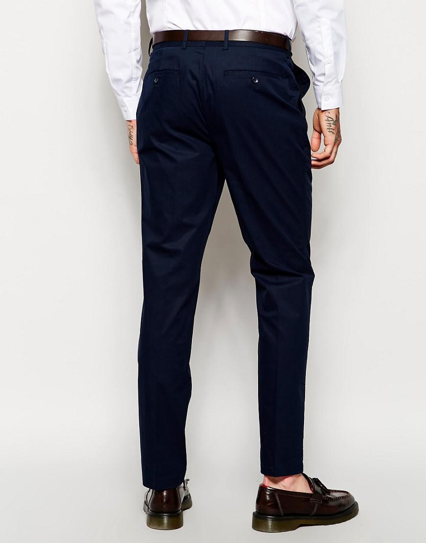 ASOS Cotton Skinny Cropped Suit Trousers In Navy Poplin in Blue for Men