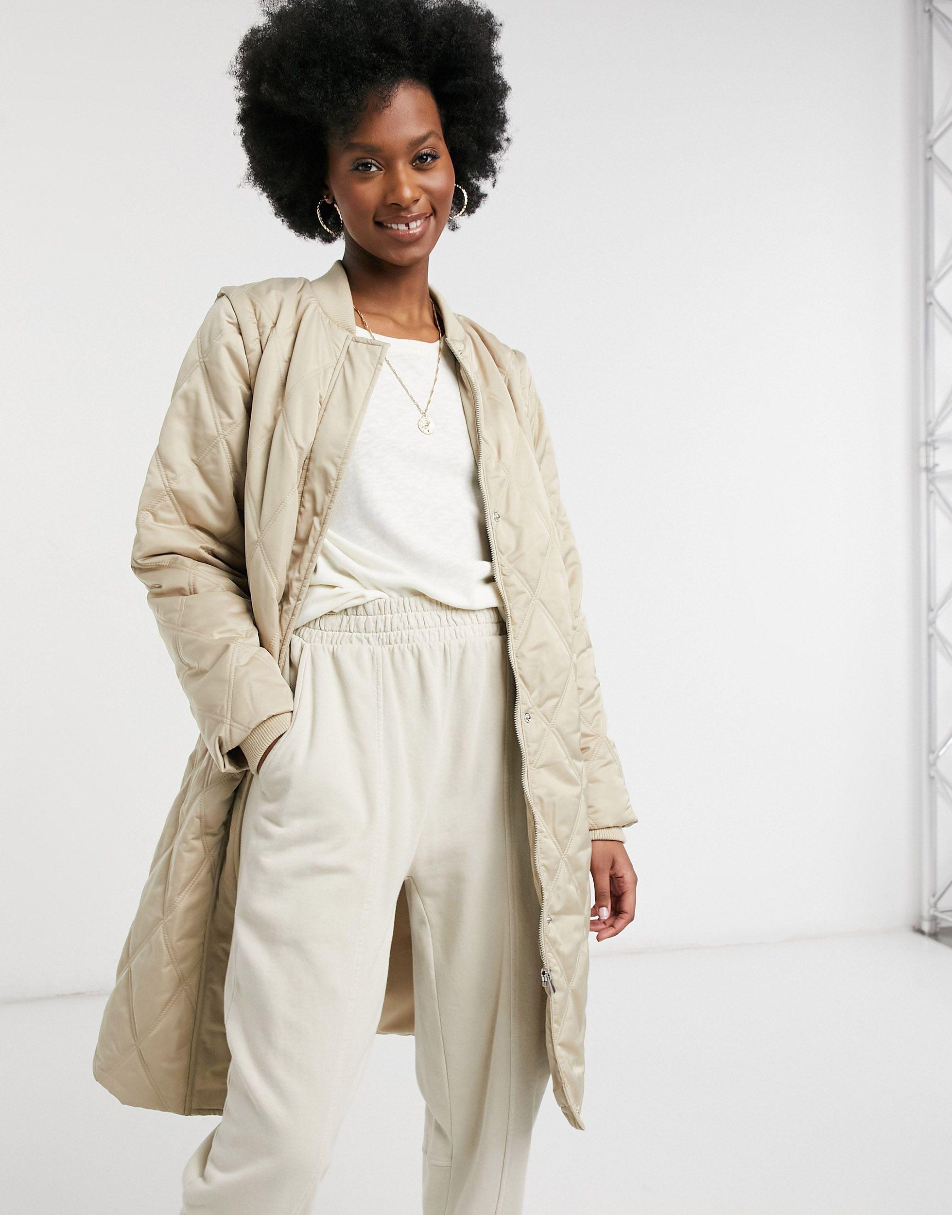 Vila Quilted Longline Coat in White (Natural) | Lyst