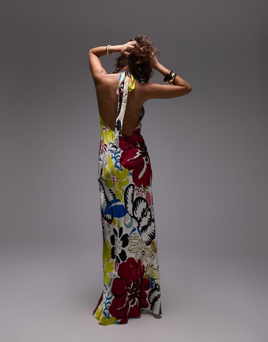 Vestito Lungo Allacciato Al Collo A Fiori Vivaci di TOPSHOP in