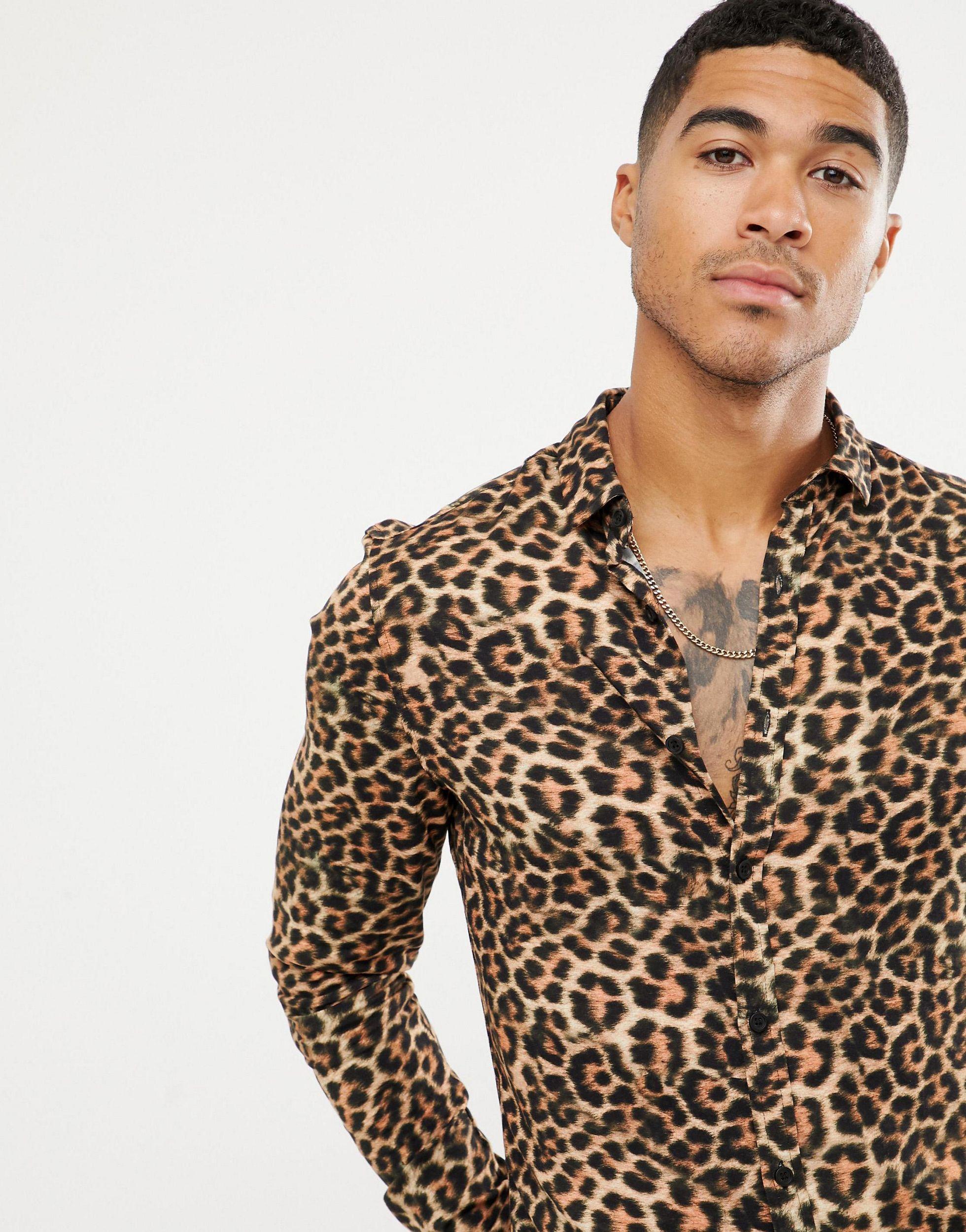 ASOS Skinny Fit Leopard Print Shirt in Brown for Men | Lyst