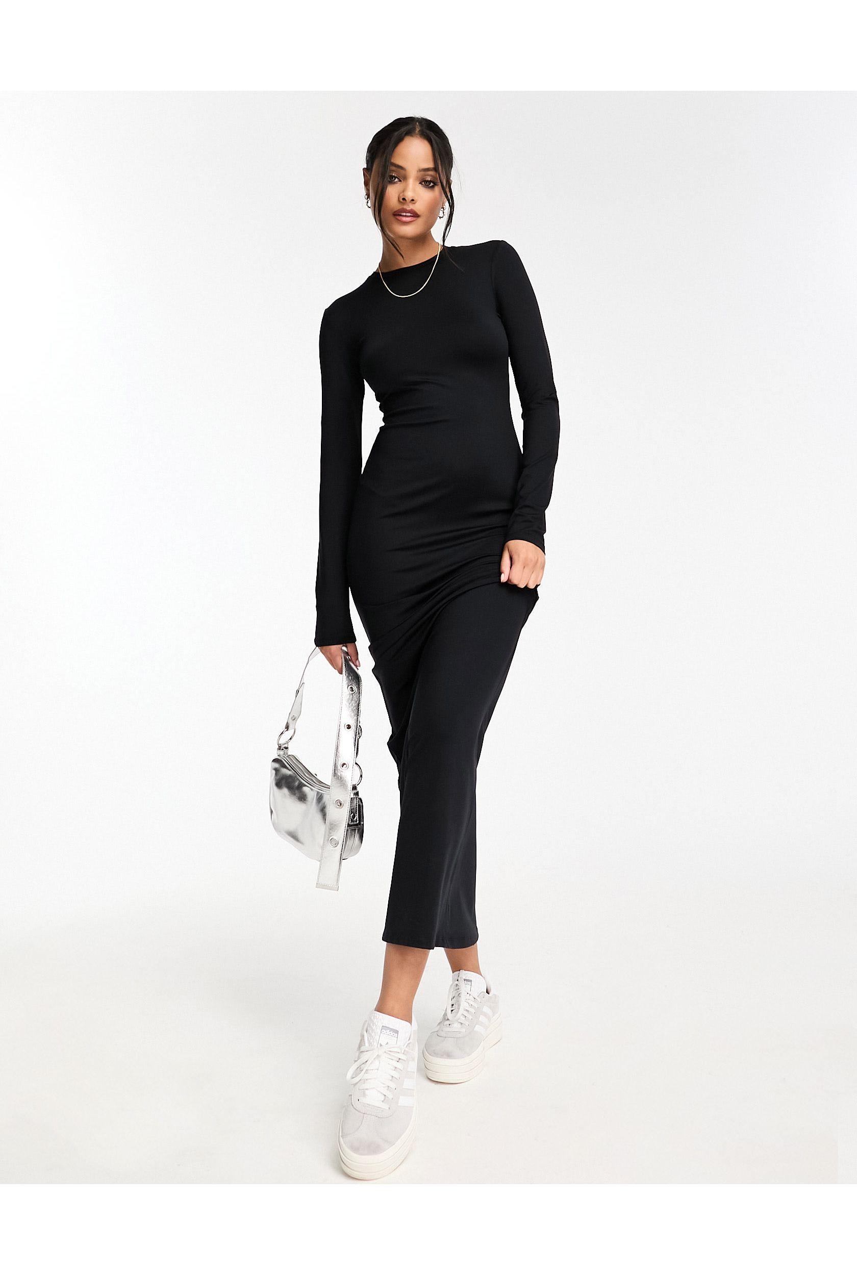 Bershka Long Sleeve Open Back Shaping Maxi Dress in Black | Lyst