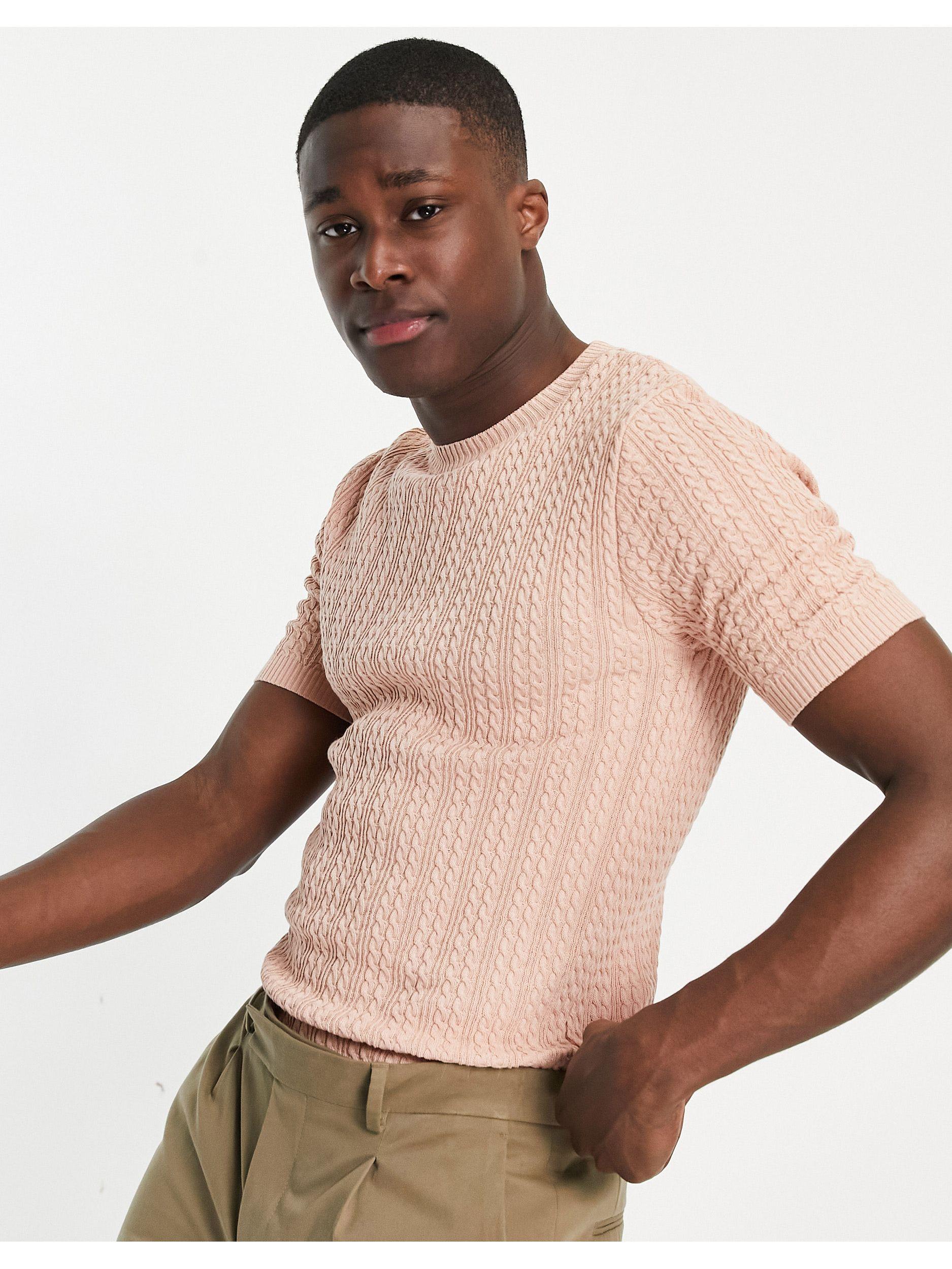 ASOS Muscle Fit Cable Knit T-shirt in Pink for Men | Lyst
