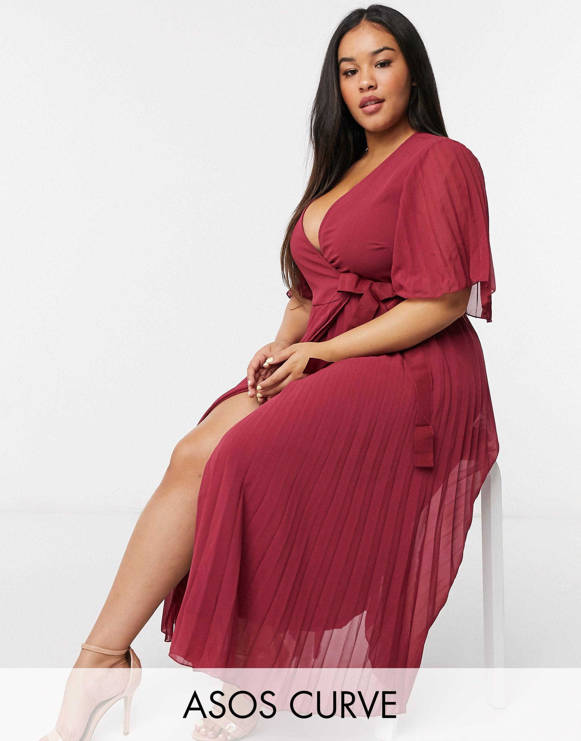 ASOS Asos Design Curve Exclusive Pleated Midi Dress With Kimono Sleeve And  Tie Waist in Red | Lyst UK