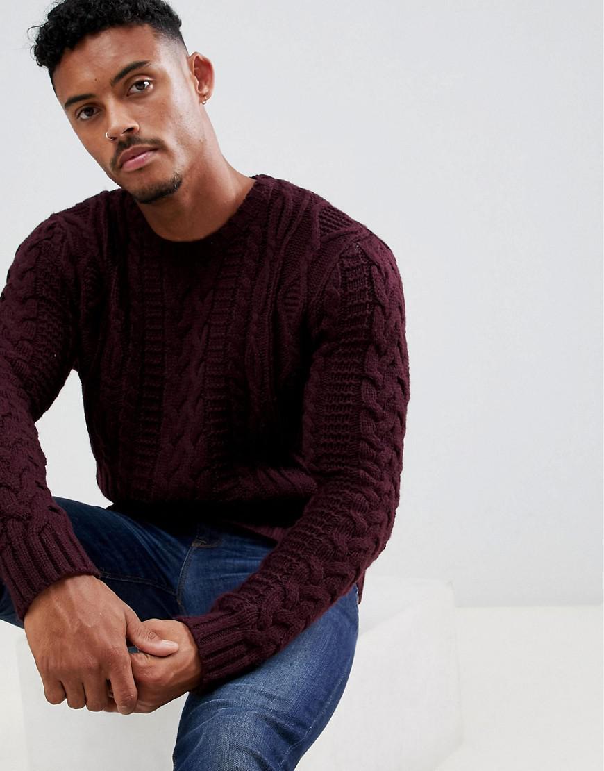 ASOS Heavyweight Cable Knit Sweater In Burgundy in Red for Men | Lyst
