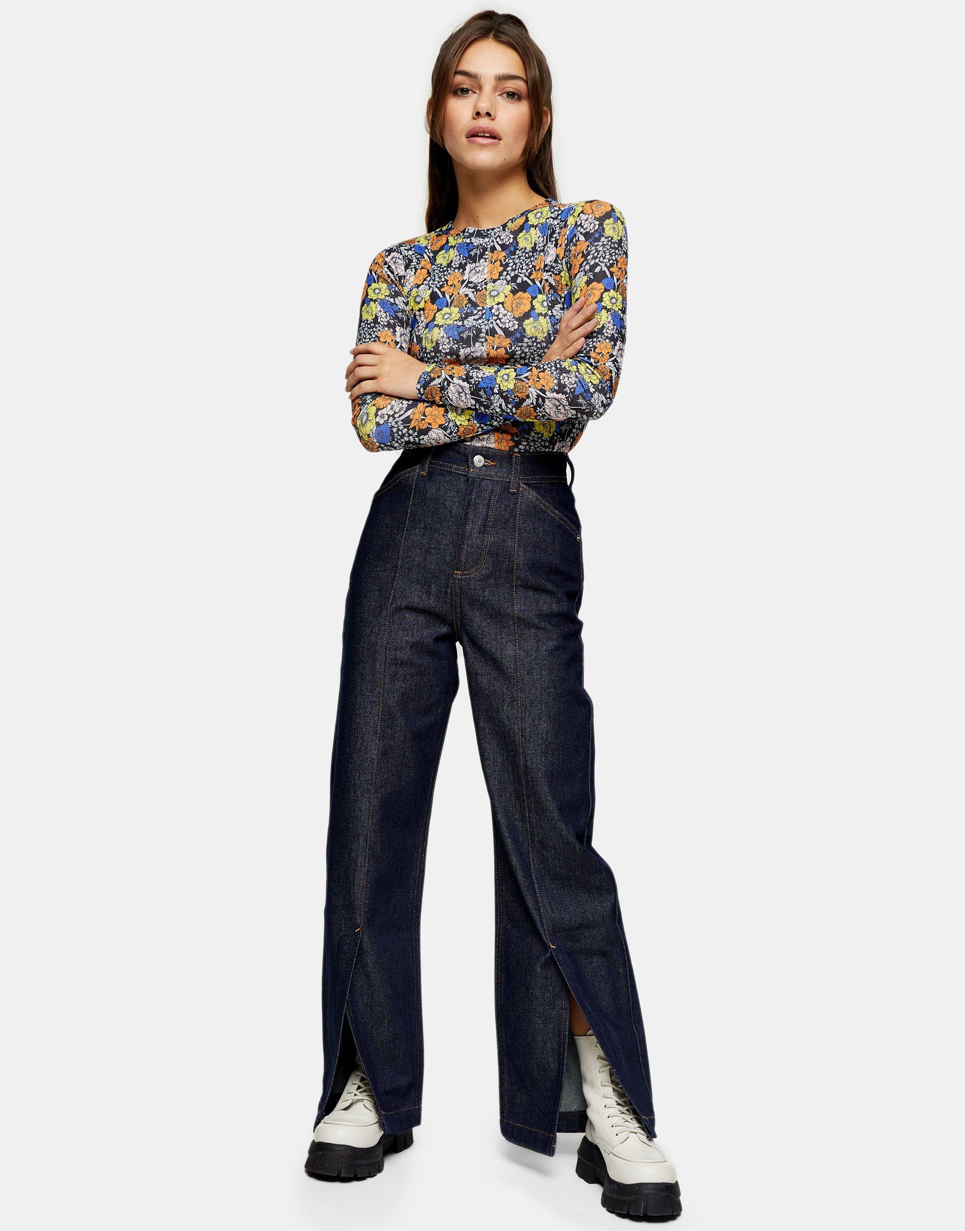 Denim Split Hem Straight Leg Jeans 