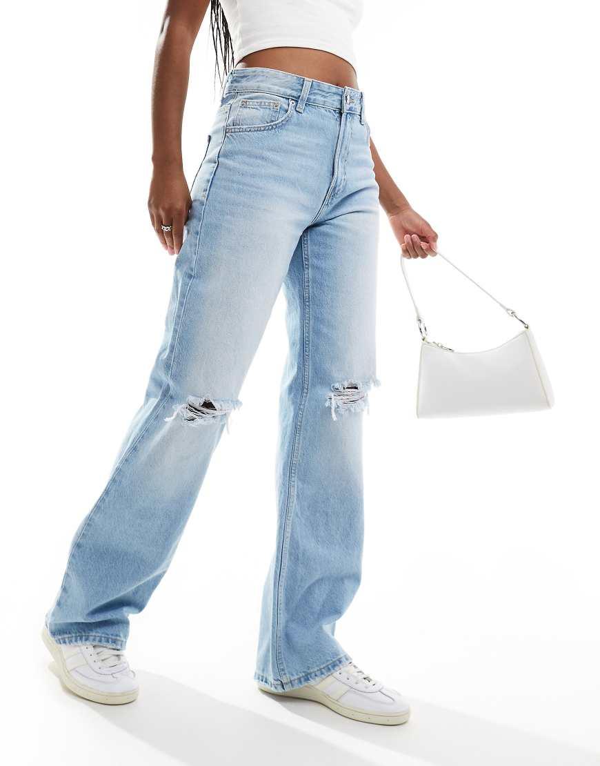Bershka Ripped Knee Wide Leg Jeans in Blue | Lyst UK