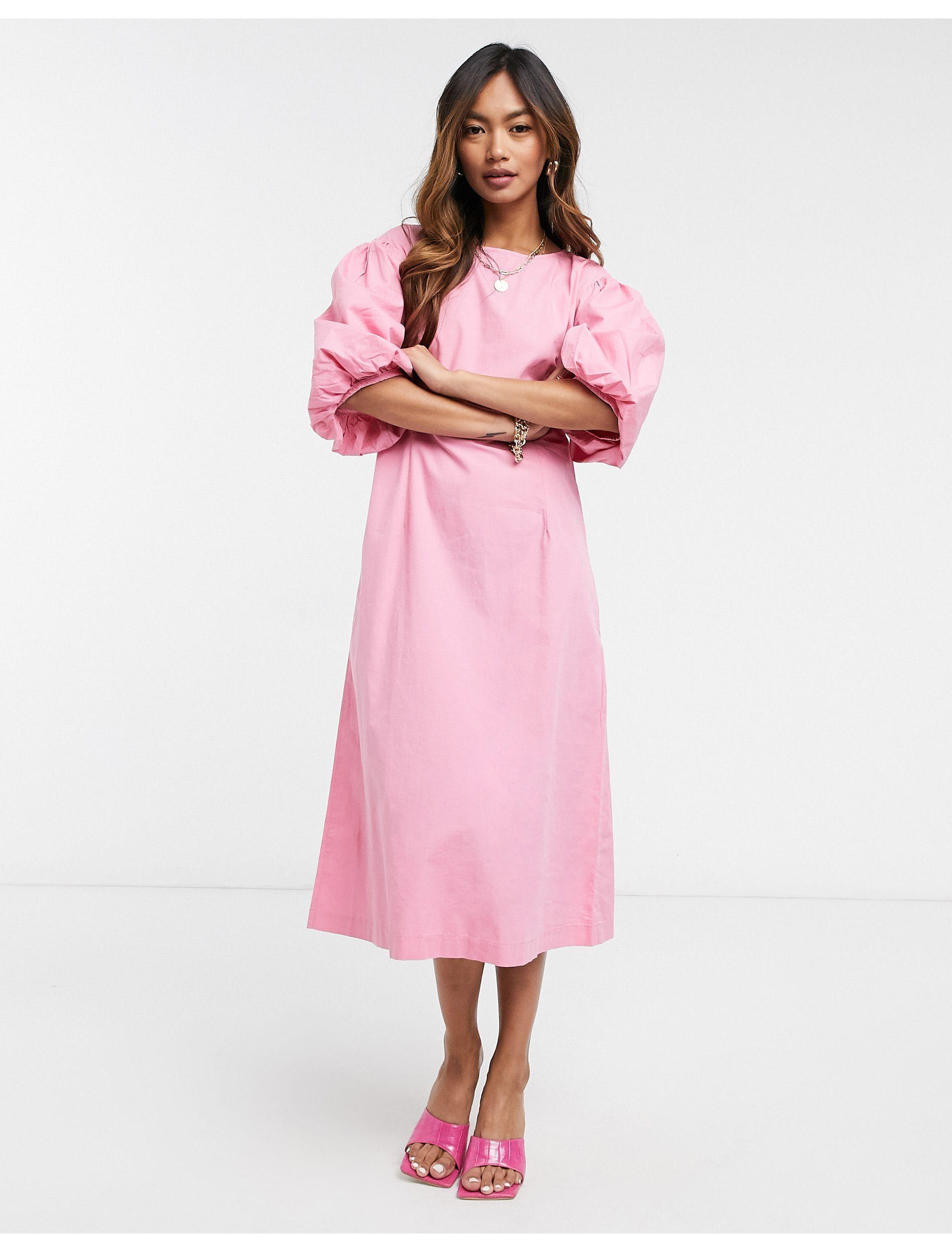 Vero Moda Poplin Midi Dress With Puff Sleeves in Pink | Lyst