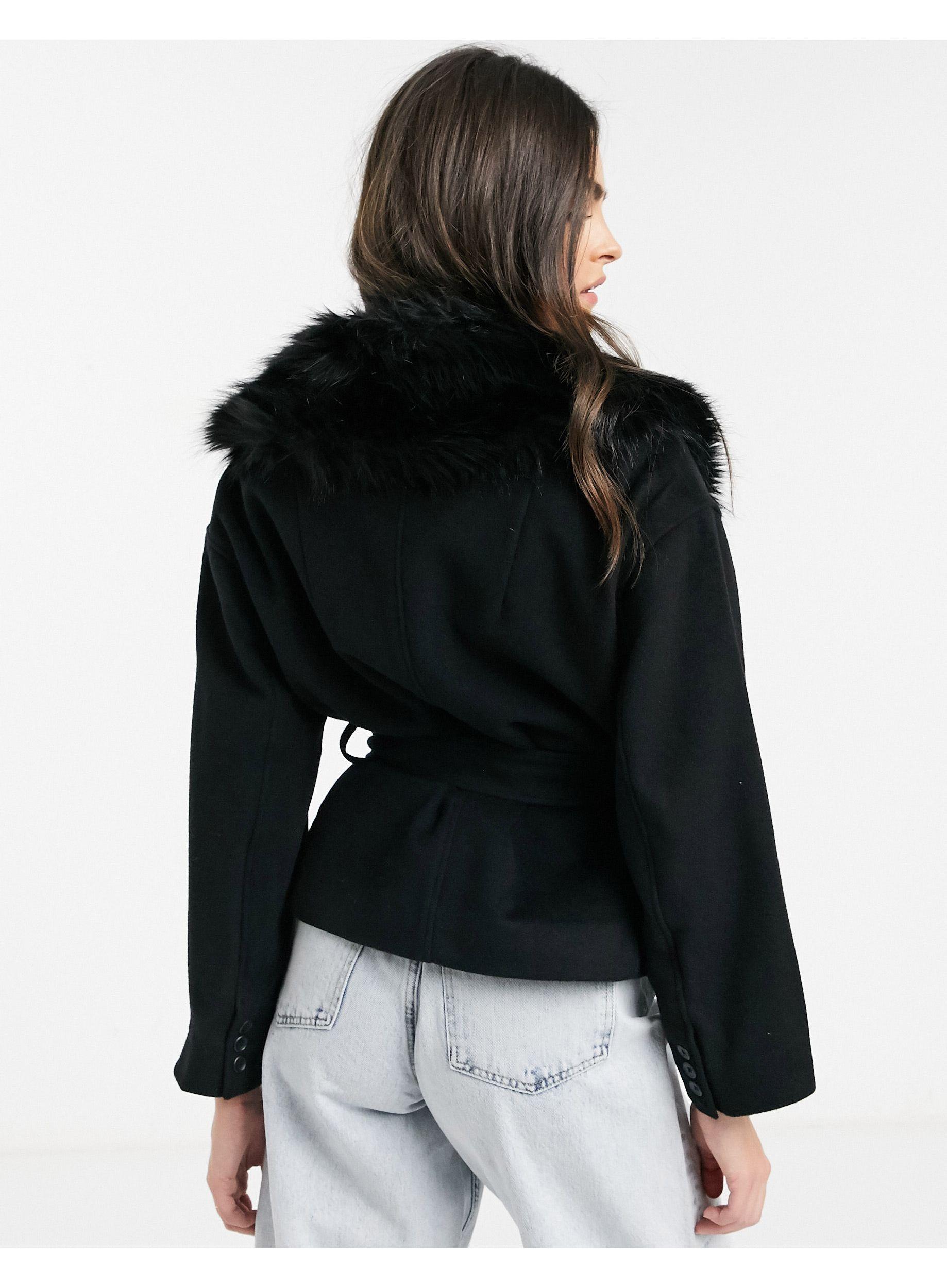 & Other Stories Short Belted Faux Fur Collar Coat in Black - Lyst
