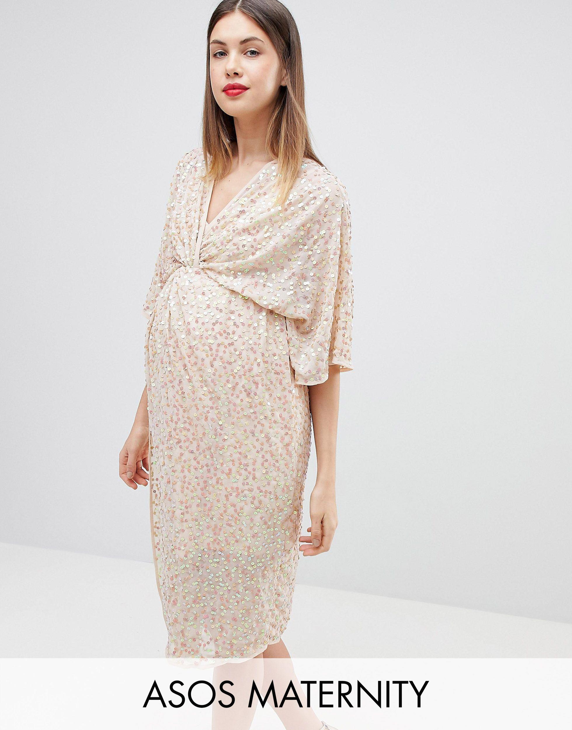 ASOS Asos Design Maternity Scatter Sequin Knot Front Kimono Midi Dress in  Pink | Lyst