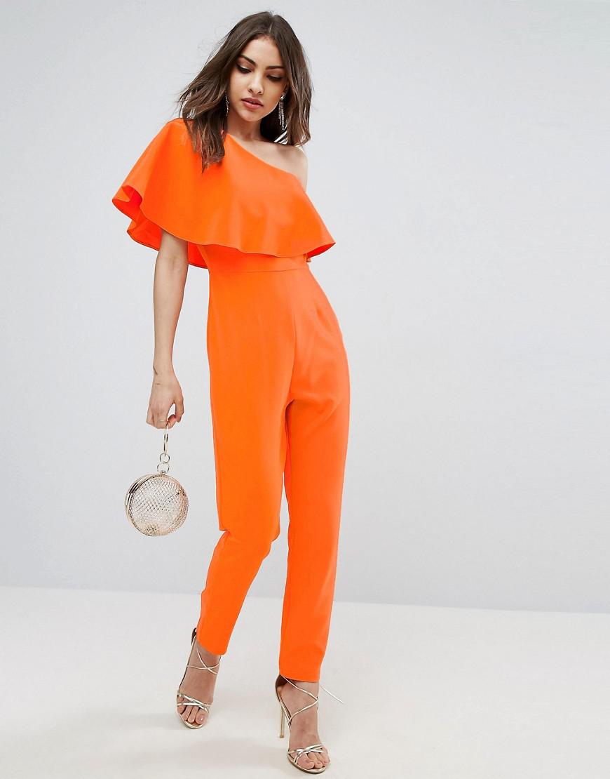 ASOS One Shoulder Ruffle Jumpsuit in Orange - Lyst