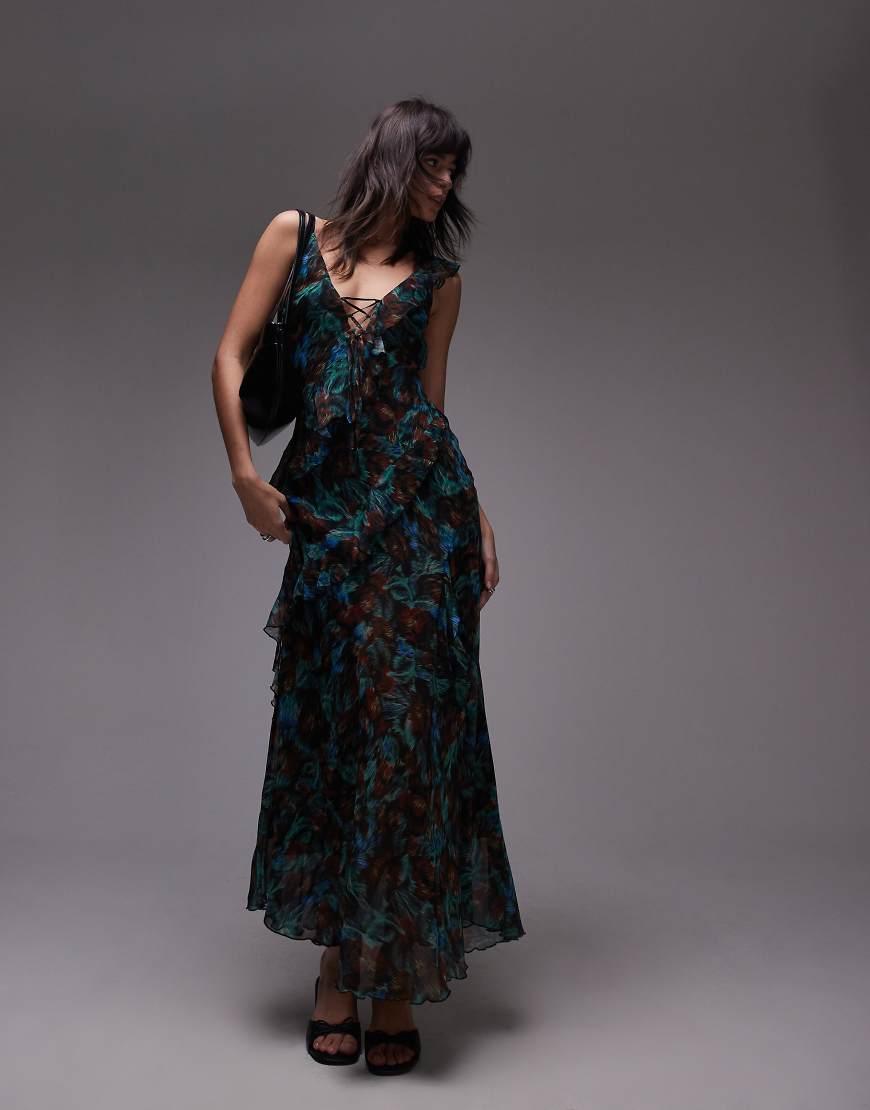 Vestito Sottoveste Midi Verde A Fiori Con Volant di TOPSHOP in