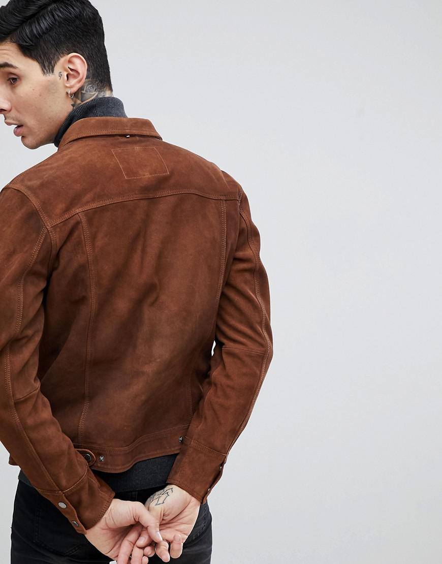 Pretty Green Brown Suede Leather Jacket In Tan For Men