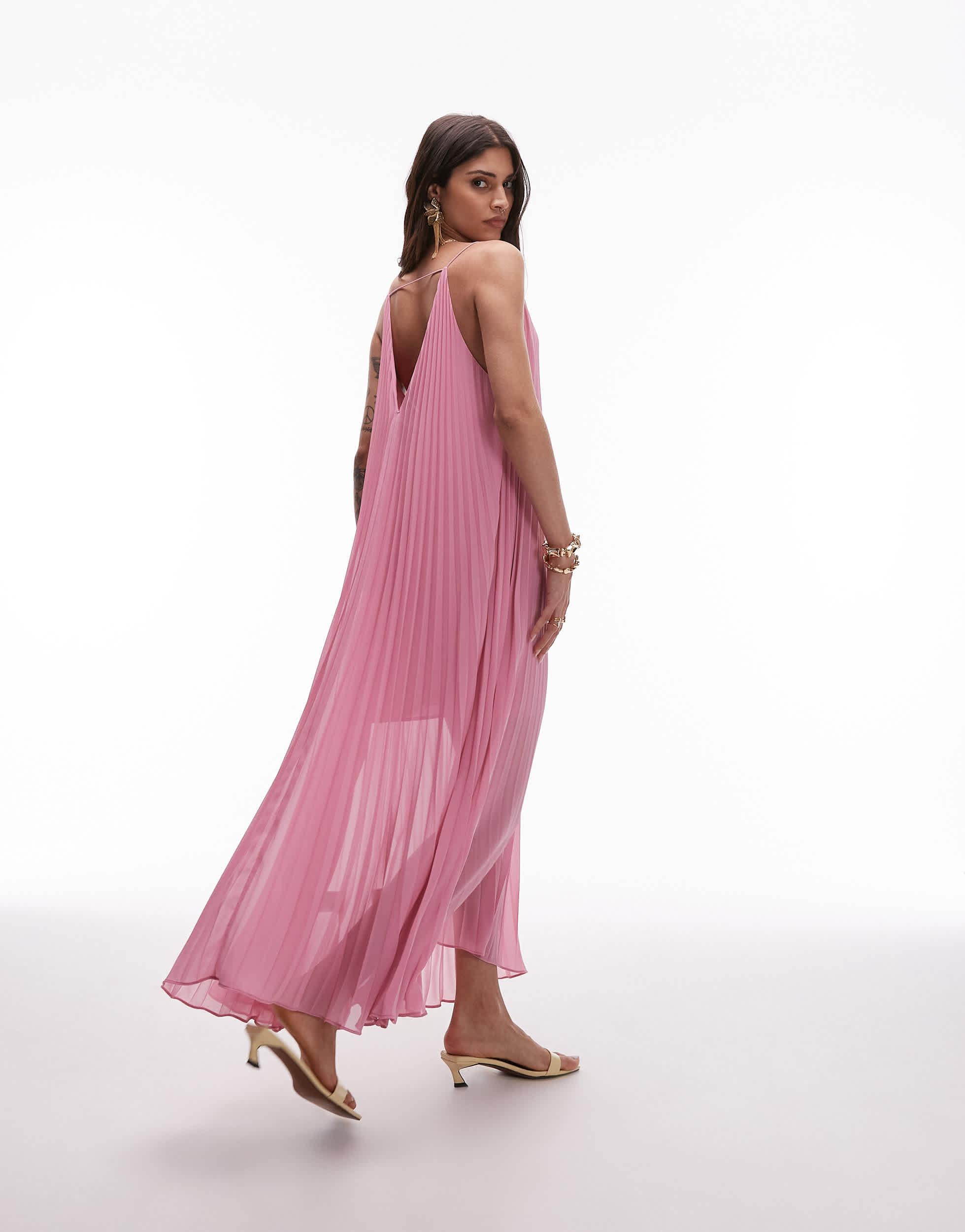 & Other Stories Pleated Chiffon Maxi Dress With Deep V-Back in Pink