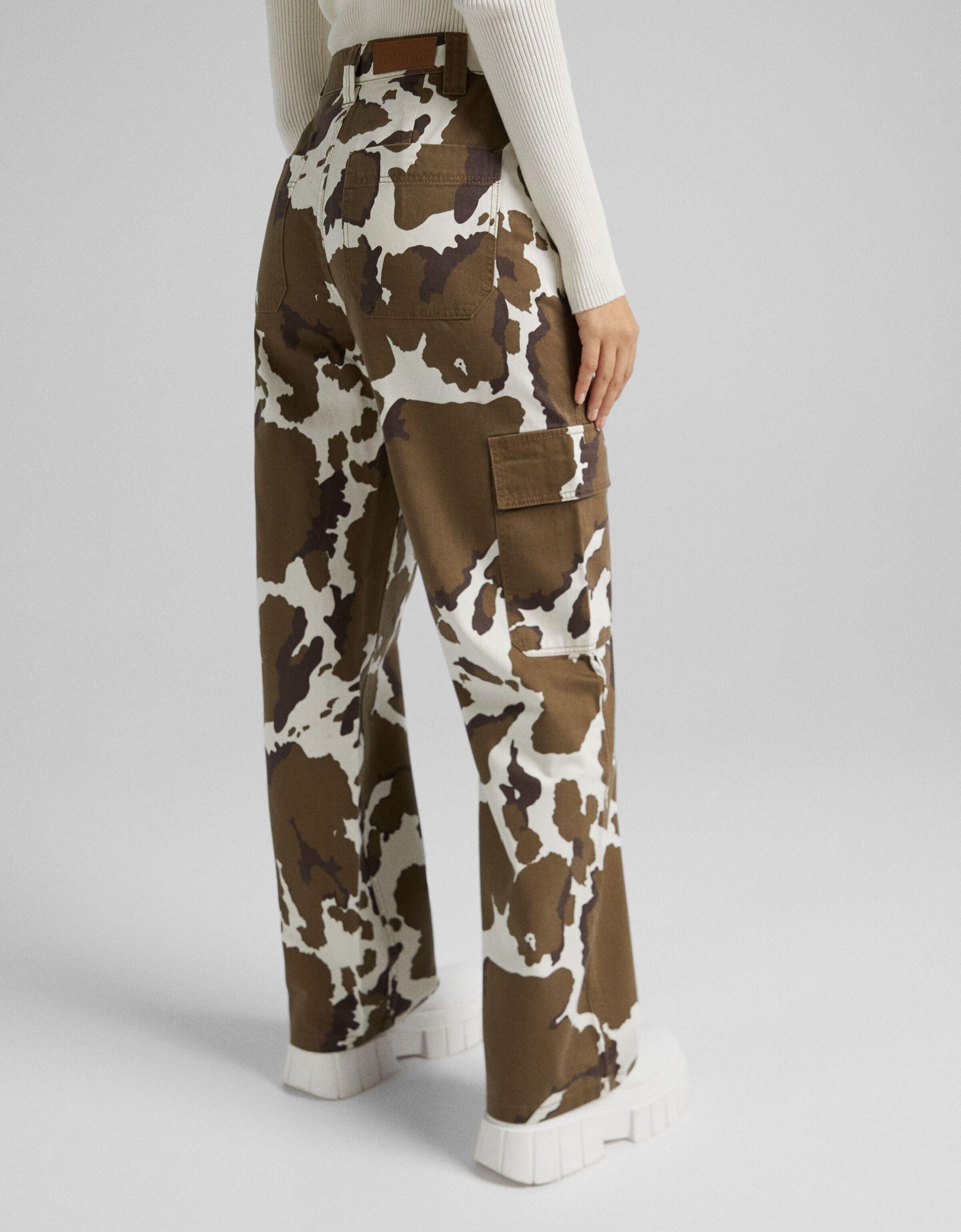 Bershka Cow Print Cargo Trousers in Brown | Lyst