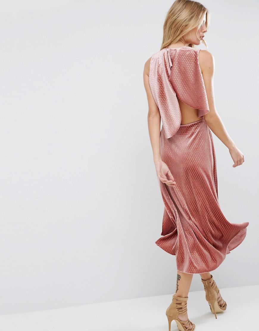 ASOS Velvet Metallic Drape Open Back Midi Dress in Pink Lyst